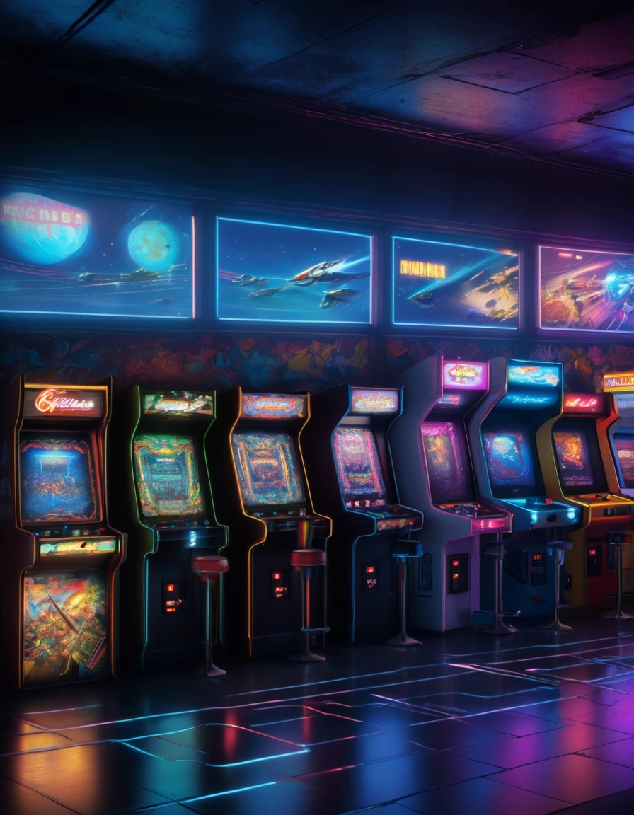 A stunningly realistic illustration captures the essence of a retro arcade, dimly lit with rows of vintage machines casting a warm, glowing ambiance. At the center, a meticulously rendered Gradius arcade cabinet beckons, showcasing its iconic title screen with pixel art graphics and vibrant colors. Surrounding it, nostalgic elements like retro posters, joystick controllers, and coin slots create an immersive atmosphere. The use of lighting and shading techniques adds depth and realism, transporting viewers into the heart of the arcade, ready to embark on an intergalactic adventure with Gradius. This artwork evokes a sense of nostalgia and excitement, paying homage to classic arcade gaming in breathtaking detail.