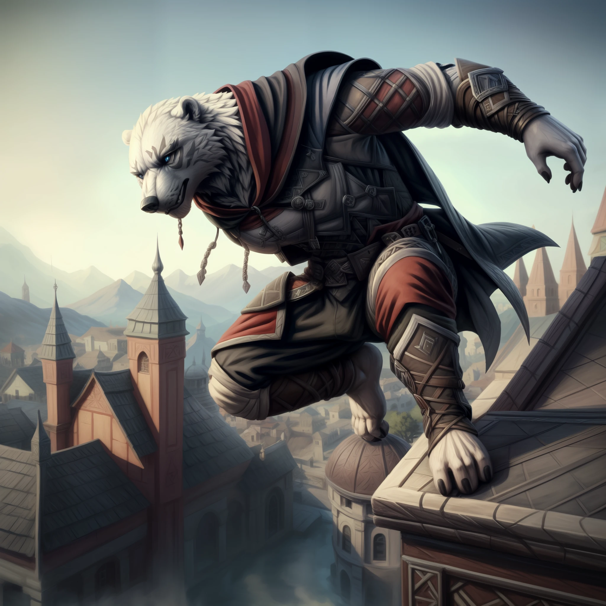 (((Barefoot furry character, full body, cinematic setting, male))) brawny polar bear suited as assassin, Assassin's Creed, ((black assassin suit with hood)), jump from roof, wrist blades, ((using hidden blades)), BREAK, detailed background, 8K, (masterpiece:1.5), intricate details, highly detailed, extreme detail, octane render, fine art, best quality, highres, (detailed face:1.5), ((full_body)), UHD, (((perfect hands)))