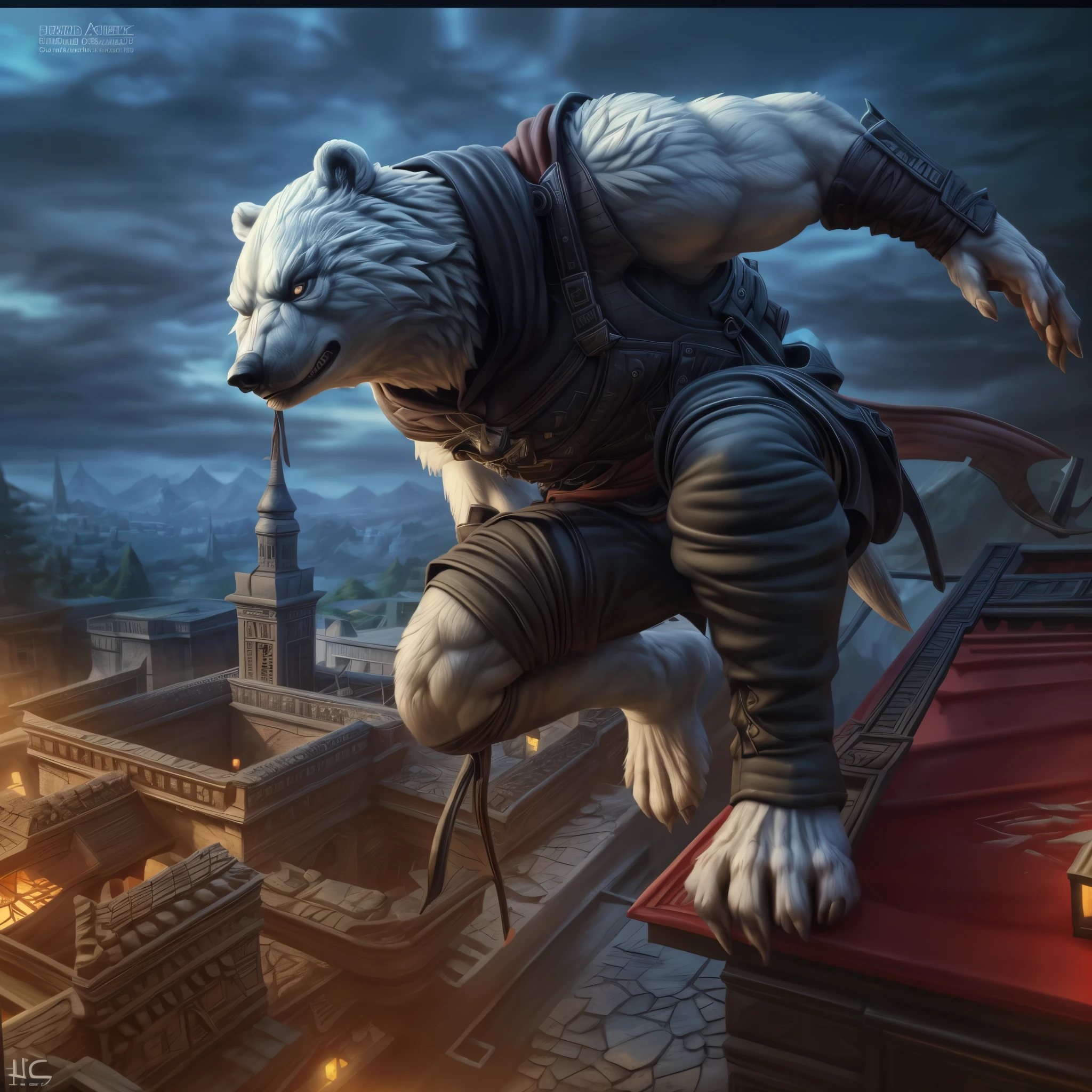 (((Barefoot furry character, full body, cinematic setting, male))) brawny polar bear suited as assassin, Assassin's Creed, ((black assassin suit with hood)), jump from roof, wrist blades, ((using hidden blades)), BREAK, detailed background, 8K, (masterpiece:1.5), intricate details, highly detailed, extreme detail, octane render, fine art, best quality, highres, (detailed face:1.5), ((full_body)), UHD, (((perfect hands)))