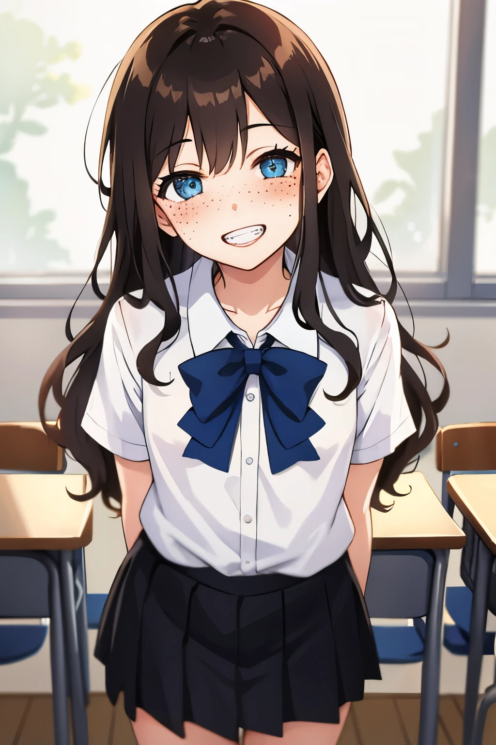 Young girl, long wavy hair, brown hair, blue eyes,shining eyes, small breasts, short stature, (freckles), (happy smile,clenched teeth), (big blush), white shirt, black skirt,standing, (pov from front),classroom, (hands behind back),shining body