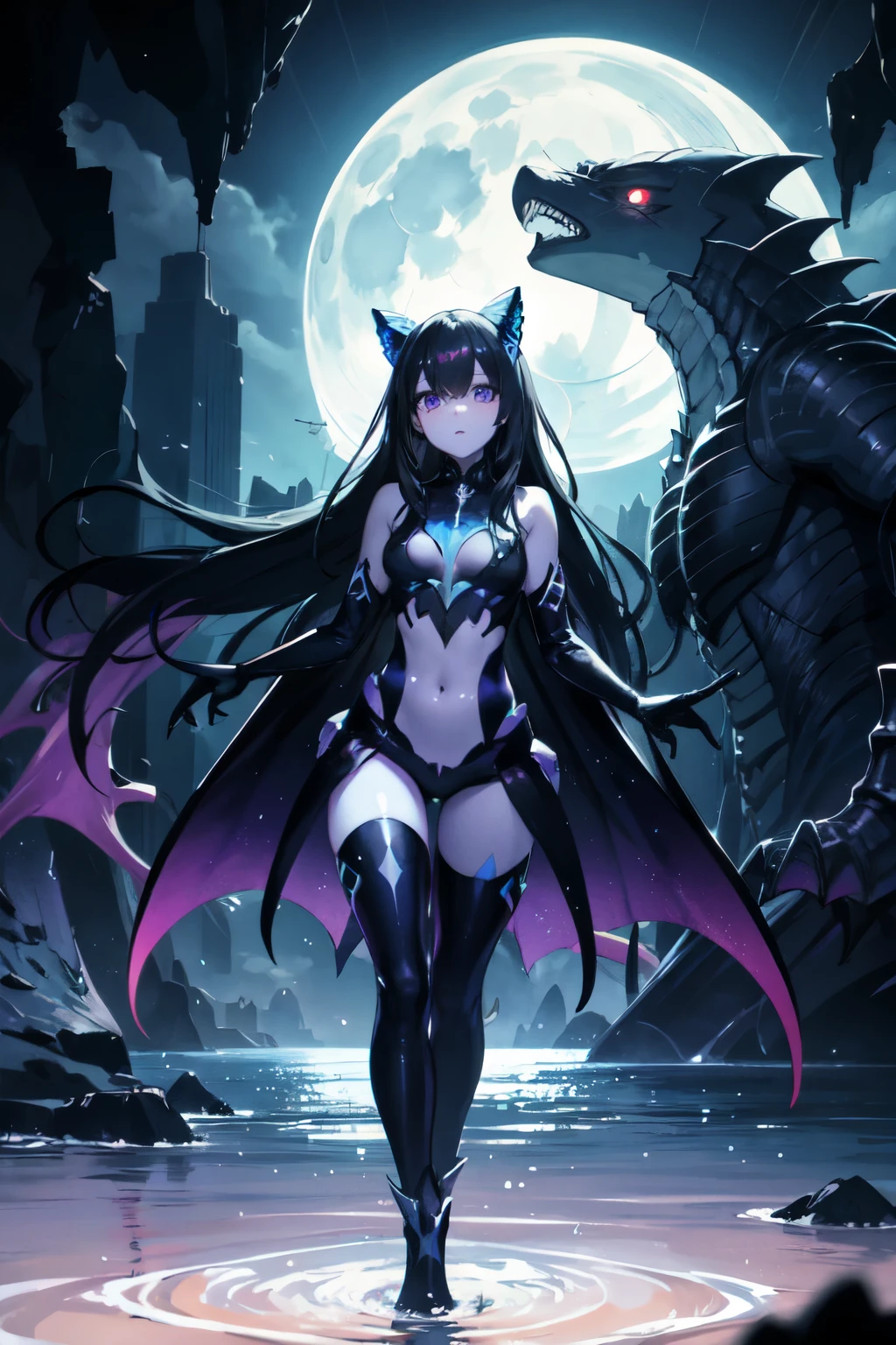 deep sea, kaiju girl, bleu eyes, , drawn art , purple and black skin, moonlight