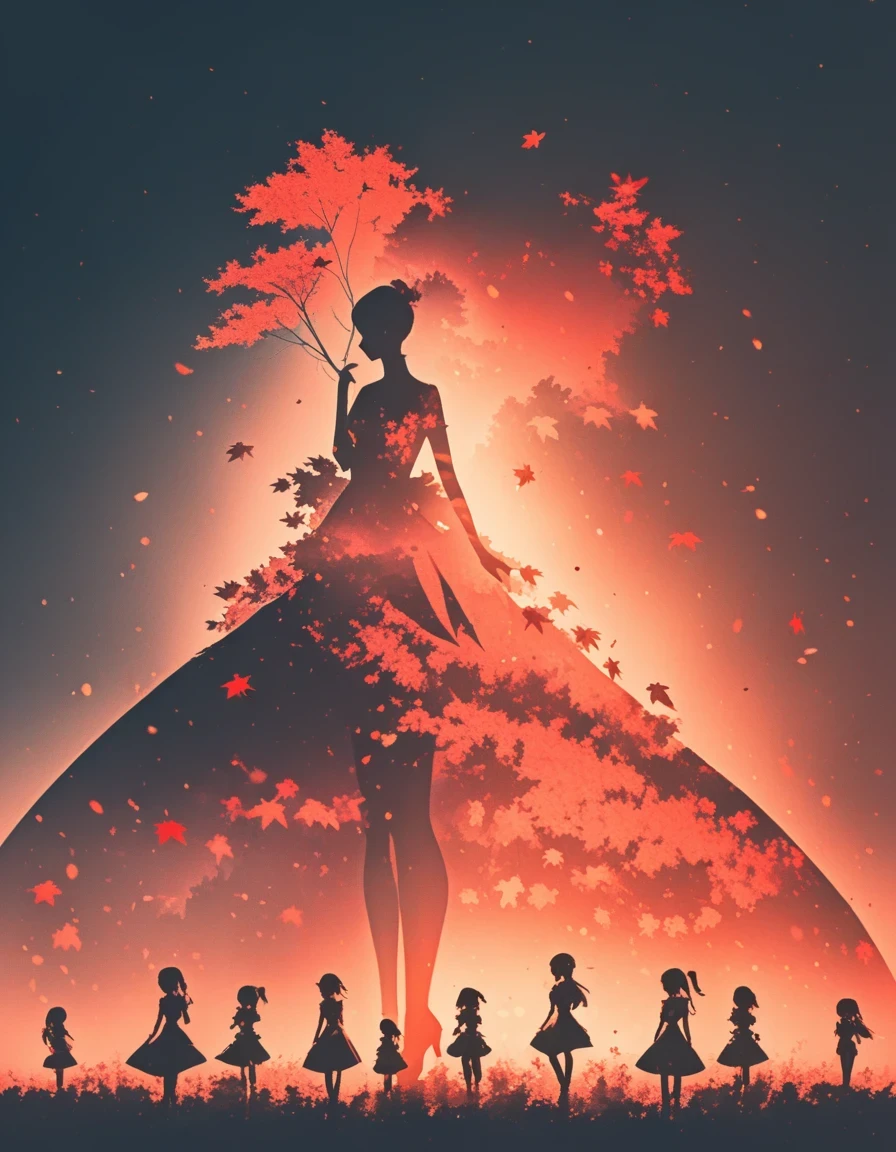Beautiful dancer's slender shadow on the ground,double exposure,beautiful doll,furry maple