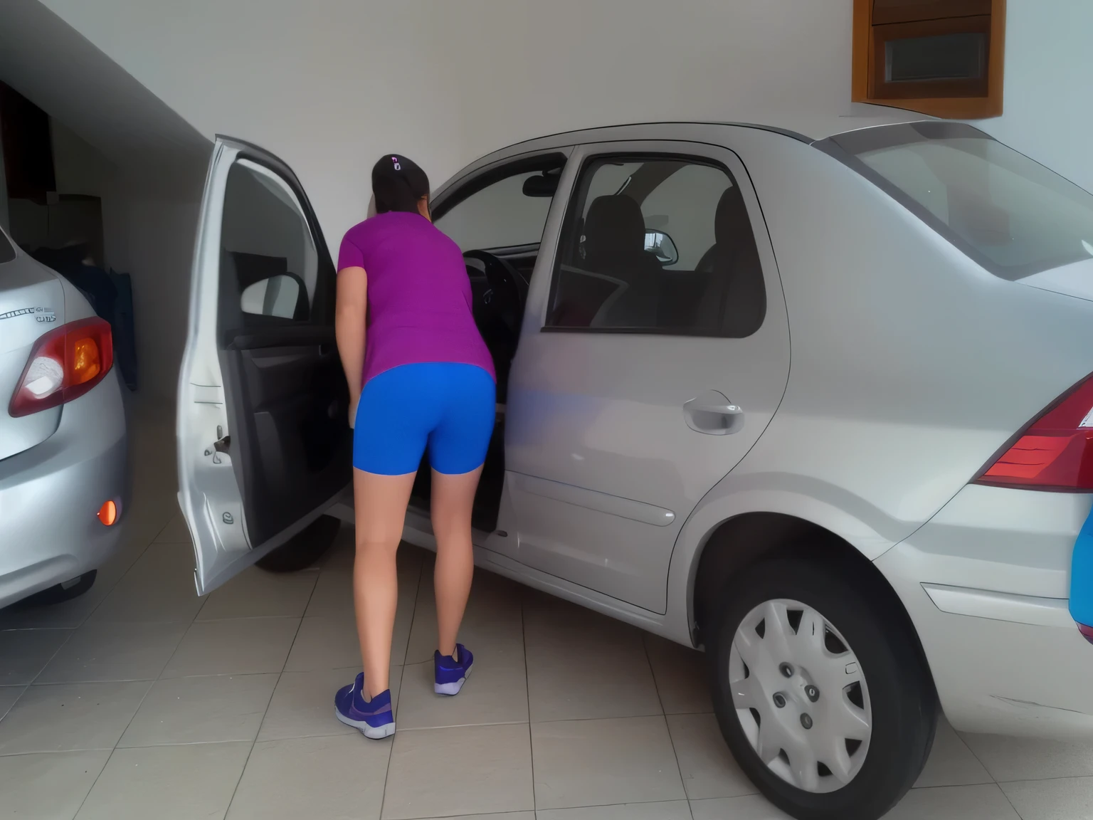 woman in blue shorts and purple shirt opening a silver car, rear-shot, fit, rear shot, pov photo, full car, manual, side shot, sports car in the room, foto, sport, gogo : :, car, car, detailing, beto val, a car, tight fit. She is 155 cm tall and around 40 years old. A woman with tanned white skin and dark hair. She is around 40 years old. She has slightly full lips and dark brown eyes. Perfect body, slim body, slim waist. tanned skin, soft lips, red lipstick, a feeling of lightness and joy, hyperrealism, very elaborate skin. Fitness woman, fit woman, gym woman, physically fit woman, full body photo, clear photo, high quality, high resolution, masterpiece, 8K.