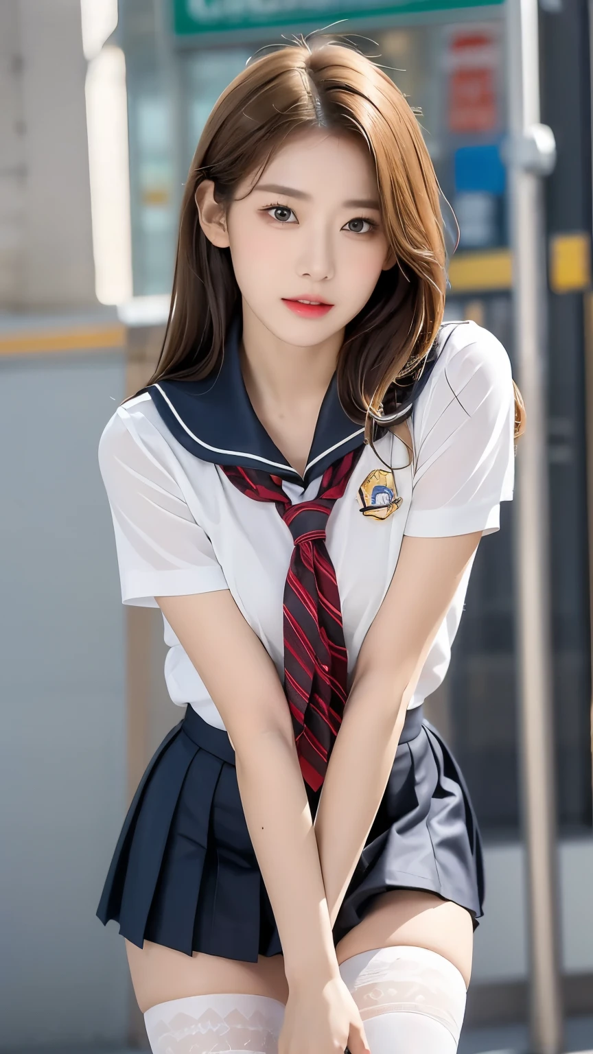 (best quality,4K,masterpiece:1.2),pretty women,1 woman,raised to be sexy:1.1,dark yellow hair:1.1,woman wearing,soggy ,very detailed face,detailed lips,eye for detail,double eyelid,miniskirt white stockings,station capital, Overall view, moderate chest, Lift your heels slightly,
