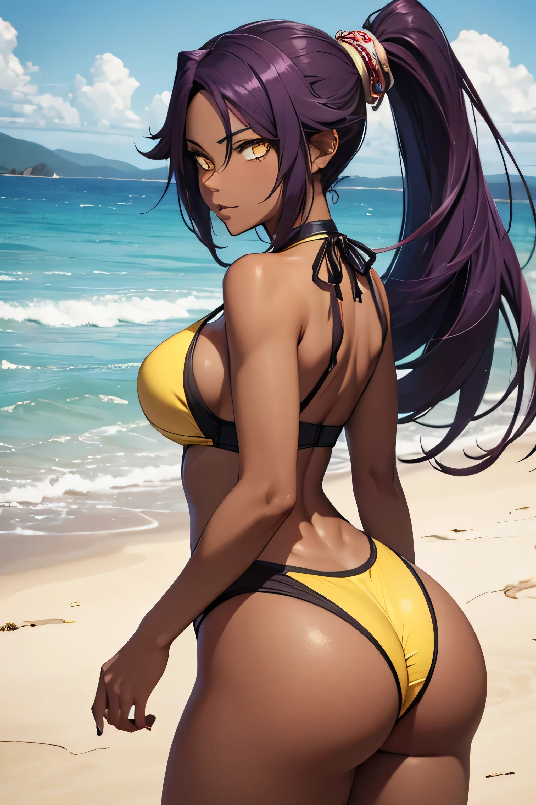 absurdres, high res, ultrasharp, 8K, {masterpiece}, expressive eyes, extremely detailed, best quality, perfect face, yoruichi shihouin, long hair, (yellow eyes:1.5), ponytail, purple hair, dark skin, dark-skinned female, large breasts, pleased, beach, monokini, showing the ass,
