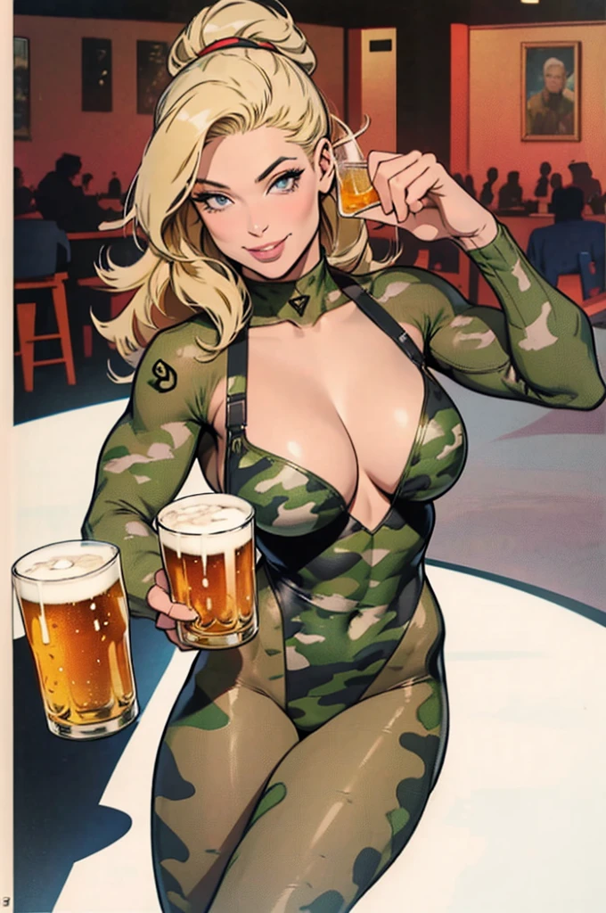 uma obra-prima, Melhor qualidade, woman wearing a militar camouflage LEOTARD,rabbit ears tiara,fake eyelashes,fleshy lips,looking to observer, little smile,tan pantyhose,SCENARIO florish florest background