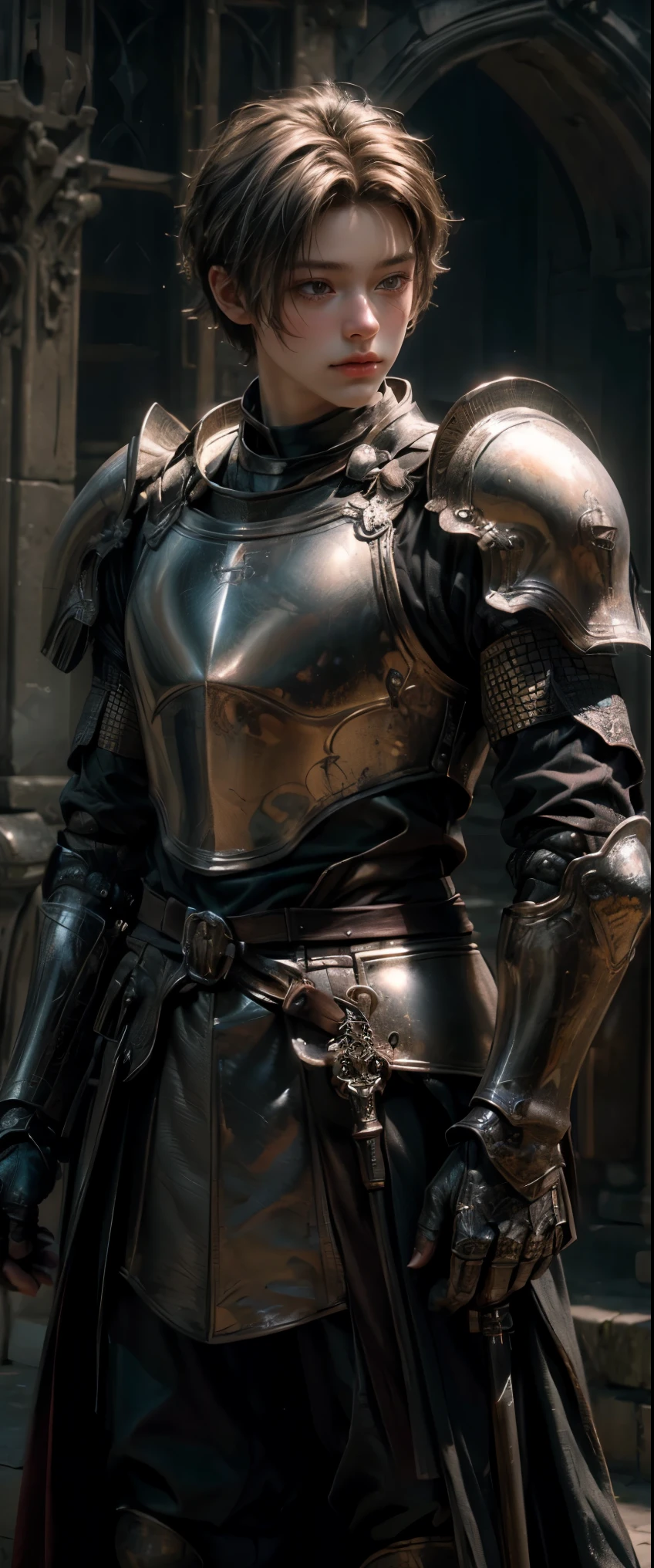 ((masterpiece, highest quality, Highest image quality, High resolution, photorealistic, Raw photo, 8K)), A medieval male knight in luminous armor,