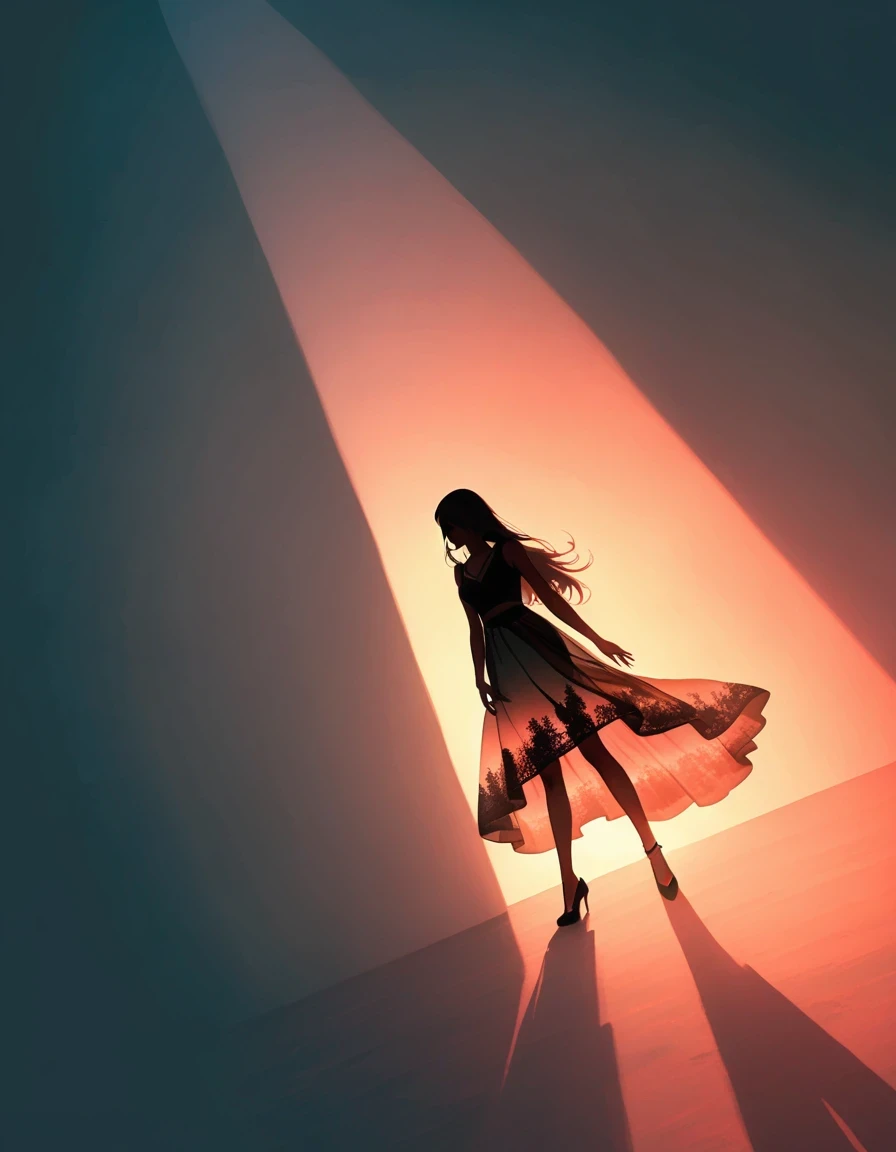 Beautiful dancer&#39;s slender shadow on the ground，double exposure