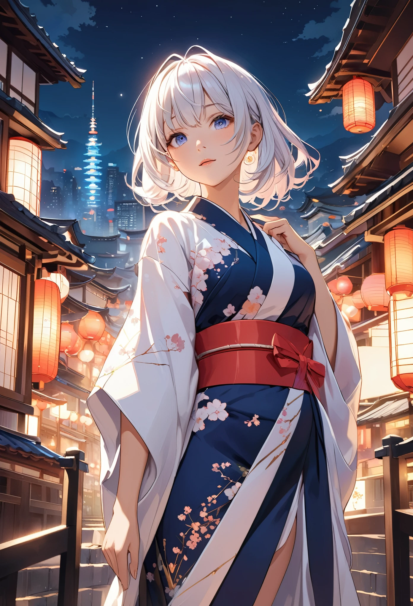 This is an illustration of an anime girl with a perfect hourglass figure, white hair and tanned Japanese skin in a new and vivid pose. She is wearing a kimono with graceful curves that reflect the golden ratio, adorned with a contemporary design that signifies innovation and progress. Her eyes are carefully drawn in detail, full of clarity and emotion, inviting the viewer into her vivid world. In the background, a richly rendered Japanese night cityscape is depicted, full of cherry blossoms, the glow of lights and the energy of the urban environment. The piece aims to capture the entire scene, highlighting the exquisite beauty of the anime girl, the sophistication of her kimono and the dynamic background of the Japanese night. This image is a masterpiece, and the depiction of the anime girl in a fresh pose highlights the depth of the character and the artistic harmony of the scene.