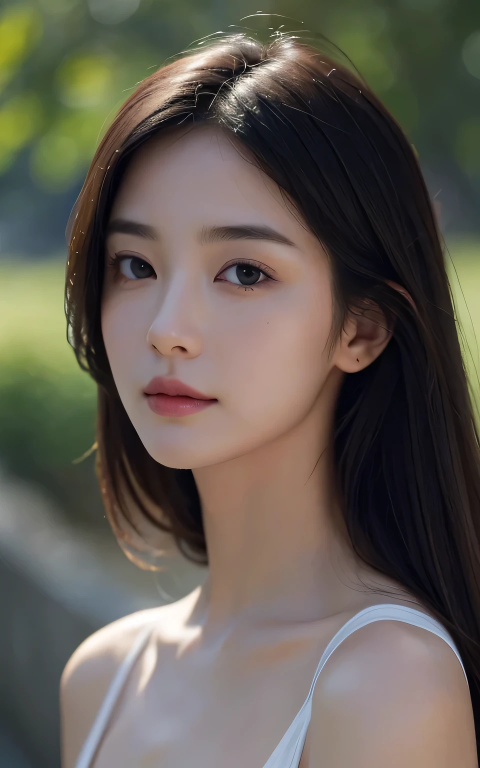 Masterpiece, Highest picture quality, High quality, beautiful woman, Japan, details, Swollen eyes, details eyes, details skin, Beautiful skin, ultra high resolution, (reality: 1.4),very beautiful, The face is slightly younger., Beautiful skin, Thin, (Exaggerated), (illustration), (high resolution), (8k), (very details) (Best illustration), (Eyes with beautiful details), (Awesome details), (Wallpaper), (details face), look at viewer, details are good, details face, looking straight ahead, looking straight ahead,  (half body:1.2), photorealistic photo, bright light,  soft light, professional lighting, Straight shoulder-length hair blows in the wind., mature woman, smooth, Bare-chested, Big tits
