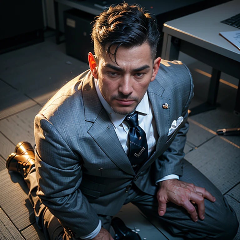 ASCIIHD, masterpiece, homoerotic illustration, male focus, bokeh, (solo, seen from above, older dad, suit and tie, kneeling, office floor, excited, cum on face and clothes), cum covered face, lots of cum, pleasure, dirty