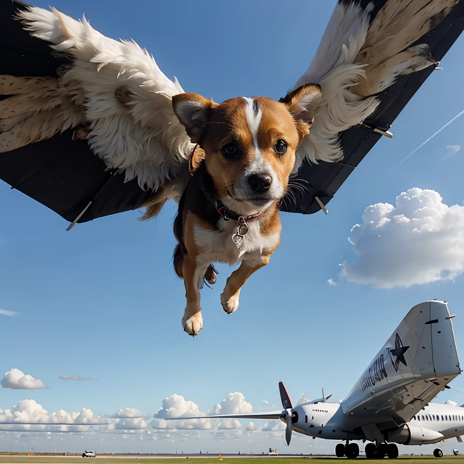 Little dog flying in the sky with clouds and airplane wings