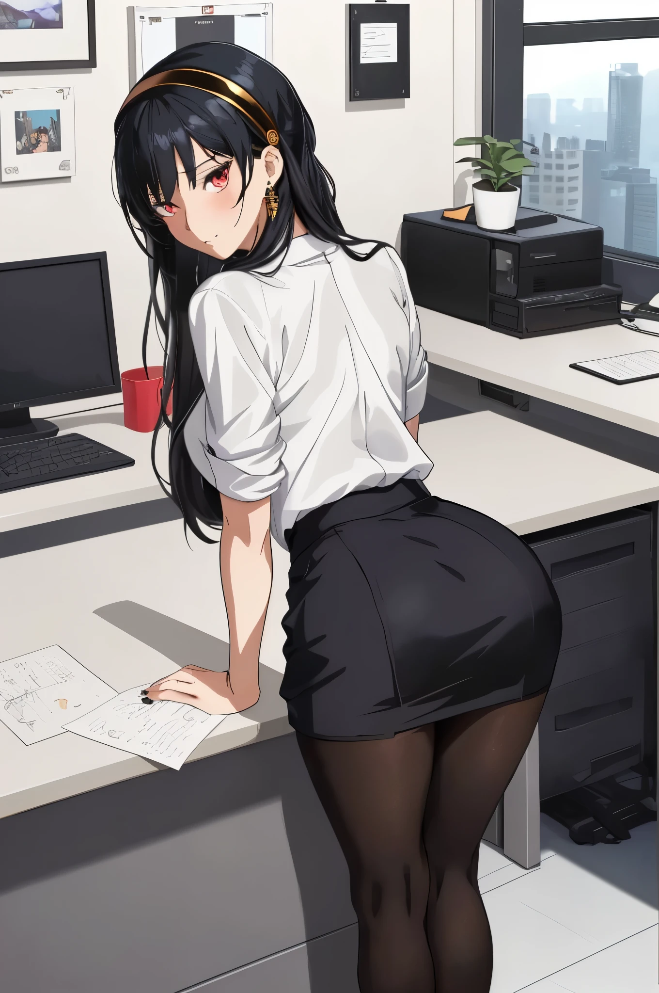 there is a woman in a skirt and a shirt sitting at a desk, seductive anime girl, beautiful anime girl squatting, smooth anime cg art, office clothes, in the office, on a desk, attractive anime girl, bending over, ecchi anime style, in an office, sitting on a desk, sat at her desk, digital anime art, digital anime illustration, black stocking colors, black pantyhose colors, gaze looking at the camera, masterpiece, best quality, highres, bbyorf, short hair with long locks, white hairband, red eyes, gold earrings, large breasts, jewelry, off shoulder, red sweater, sweater dress, long sleeves, black pantyhose, outdoors, standing cowboy shot, smile,