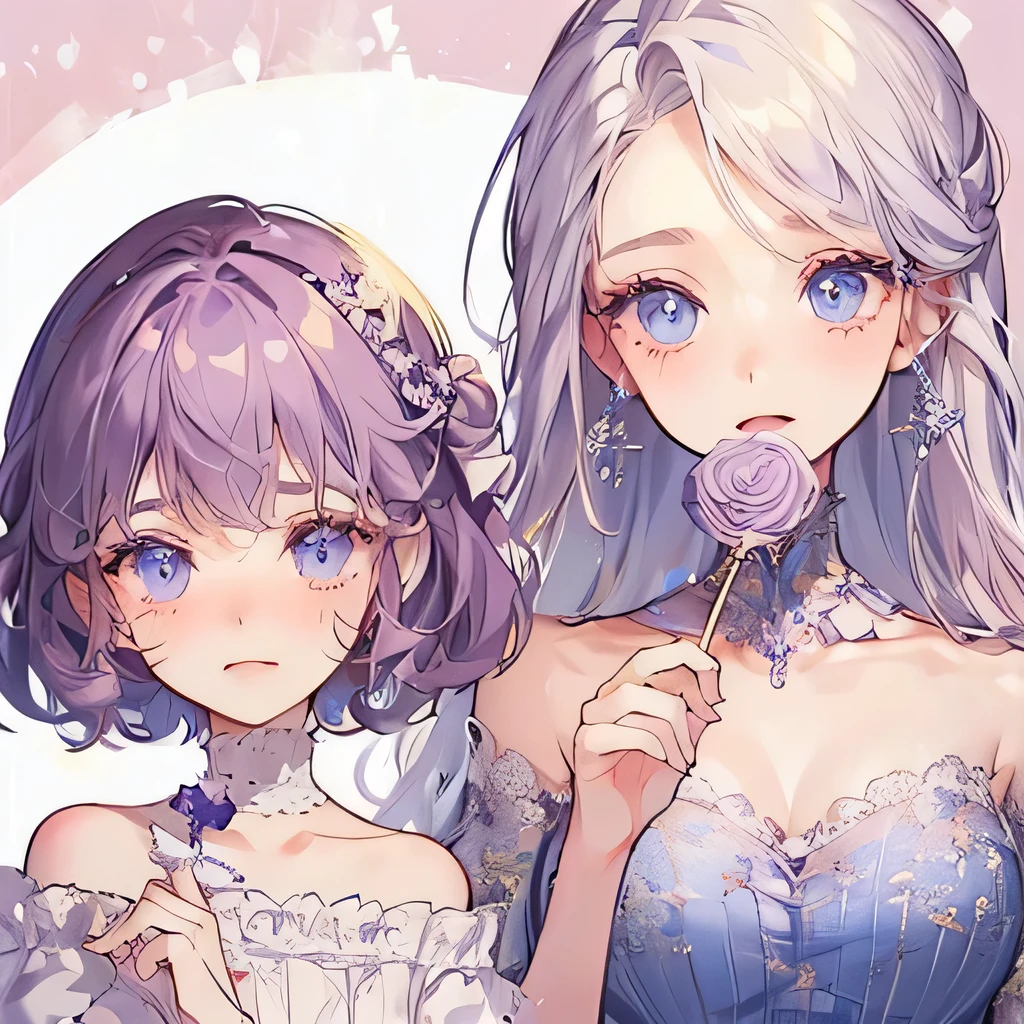 ((best quality)), ((masterpiece)), (detailed), perfect face, 2 girld, lesbian couple, one girl with long white hair and dark blue eyes and is tall and beautiful, looks fierce and bold, very tall, hot and other girl has short purple hair and purple eyes and is cute adorable and is bubbly and shorter, short height, , blushing looks like innocent and shy, holding lollipop