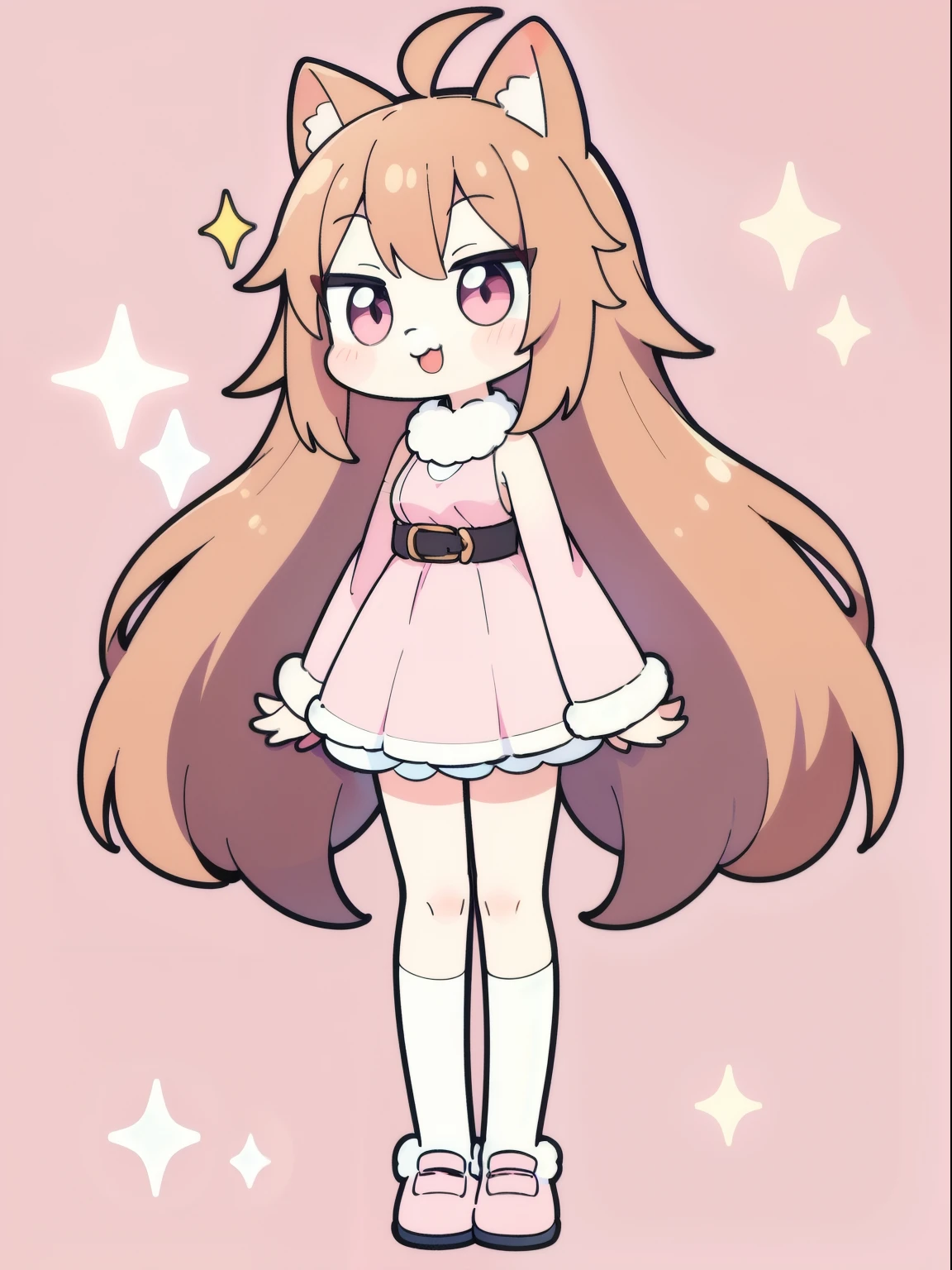 by by buta99, by chelodoy, by spikedmauler, by cervina7, solo, female, standing, looking at viewer, ((hair, snout)), smiling, lips, eyelashes, eyeliner, big breasts, cleavage, , light brown fur, pink eyes, sexy, long light brown hair, skinny, canine, pink, kawaii, sparkles, domestic dog, wavy hair, small waist, huge thighs, , big eyes, kawaii background, light pink clothes, full body