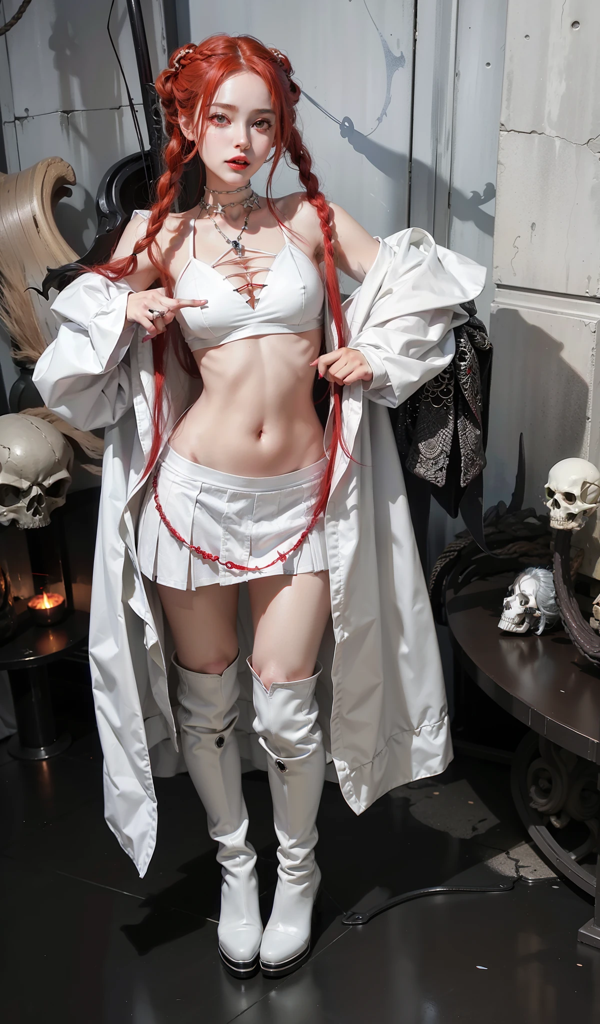 Cold Queen,box full of swords images, wing, succubus theme,fallen angel,Excellent,scary,secret horror,tentacle,have eyes,uncanny valley effect,little beast blood moon,skull skeleton,vampire,Hellfire,Demon Queen,neat fingers,five fingers straight,Wear white high-heeled boots,red hair,braid