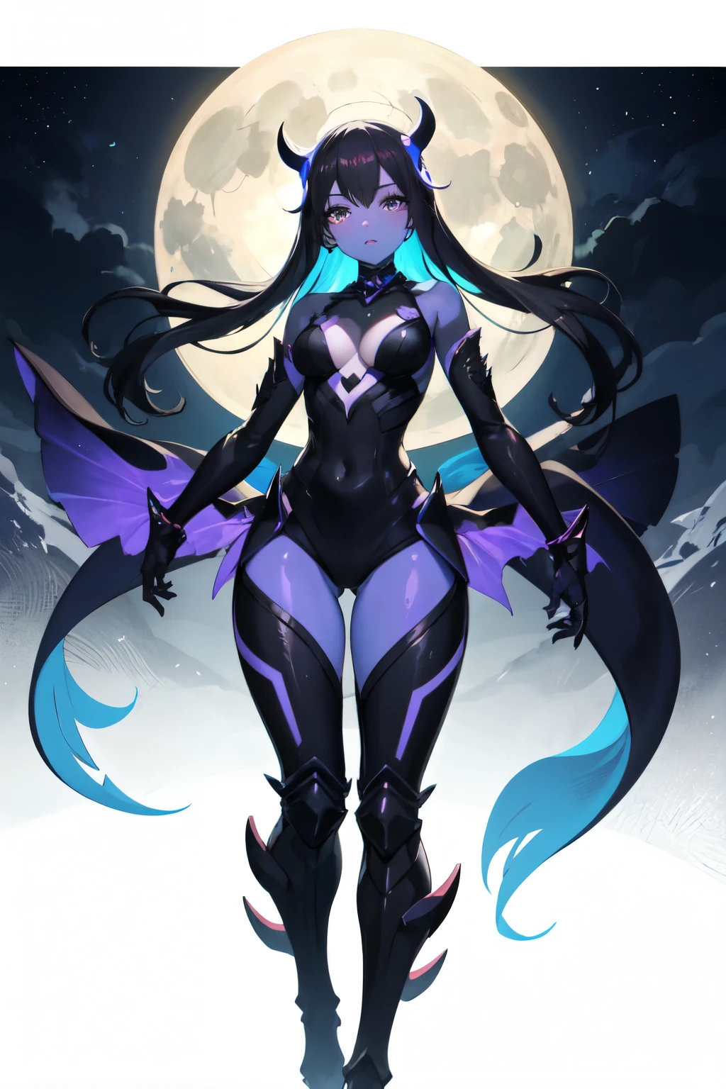 deep sea, kaiju girl, bleu eyes, , drawn art , purple and black skin, moonlight