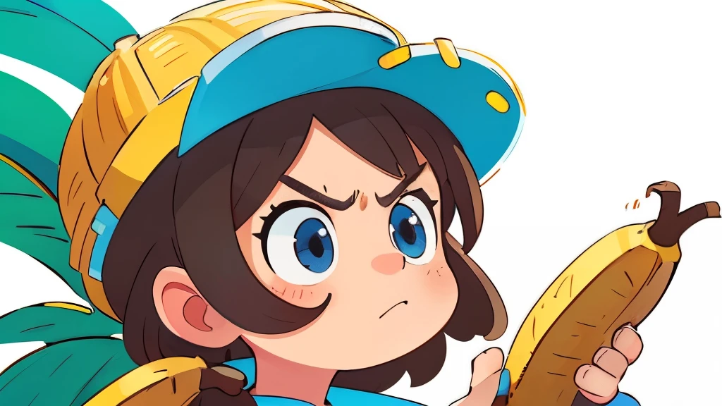 mad, angry, pissed, banana hat, bananas background pattern, banana tree, blueish background, high detailed, fornite banana costume, shooting, explosion, high contrast, high saturation, guns, bananas, big eyes, super close view, portrait, close up, front, girly brown hair, blue eyes