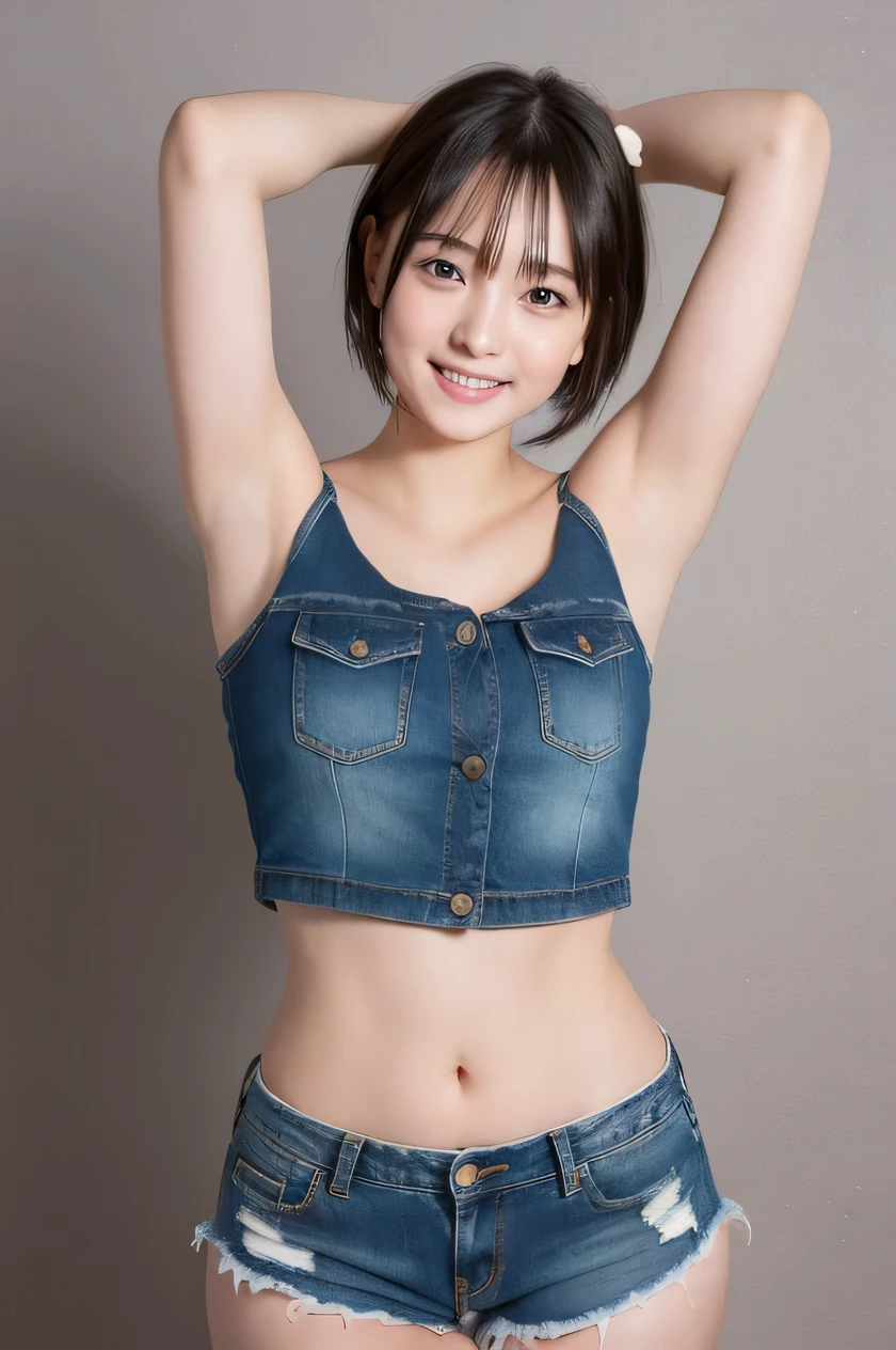 The beauty of 8K raw photos:2.0, short bob hair, 18 years old, great face and dark eyes, looking at the viewer, big smile:1.7, show your teeth, wet hair, show the armpit, cowgirl position, show the crotch, spread your legs wide, show cameltoe, tiny top, (denim shorts:1.2), shinny skin, realistic:1.9, very detailed, full body shot, High resolution RAW color photos, professional photos, Taken at the studio, plain wallpaper, girl sexy portrait