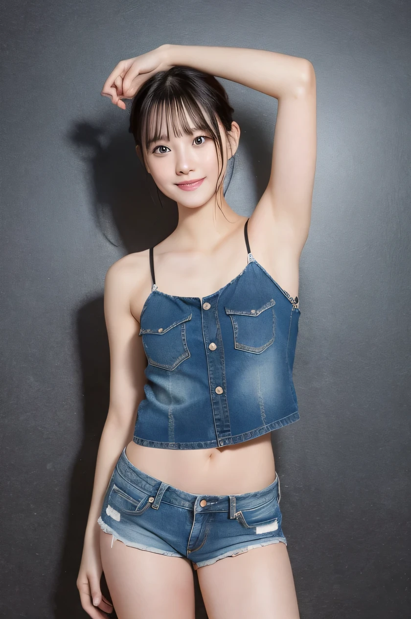 The beauty of 8K raw photos:2.0, short bob hair, 18 years old, great face and dark eyes, looking at the viewer, big smile:1.7, show your teeth, wet hair, show the armpit, cowgirl position, show the crotch, spread your legs wide, show cameltoe, tiny top, (denim shorts:1.2), shinny skin, realistic:1.9, very detailed, full body shot, High resolution RAW color photos, professional photos, Taken at the studio, plain wallpaper, girl sexy portrait