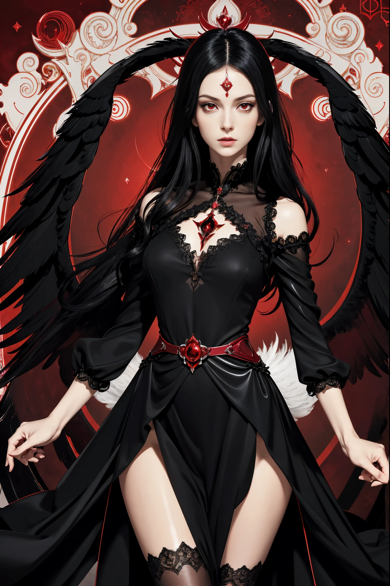 (((1 girl))), dynamic pose, long diaphanous black silk and lace dress, low cut dress, (magic circle: 1.2), magic circle, red concentric circles, nighttime, darkness, red orbs of magic light, best quality, masterpiece, ultra-high resolution, extremely detailed 8K resolution, waist length black hair, (((long black hair))), bangs between eyes, (((Crimson eyes))), (((glowing red eyes))), (((Pale skin))), perfect pale skin, red eyes, beautifully detailed eyes, beautiful face, lean, slim beautiful female body, (((1 female))), 6 feathery black wings, (dark seraphim), (((6 black feathered wings))), (((Perfect body proportions))), (((perfect shiny eyes))), ((perfect face)), (((detailed perfect hands))), (((extra detail))), (((perfect hands))), long graceful legs, beautiful, perfect female body, nobility, regal, stunning young woman. 