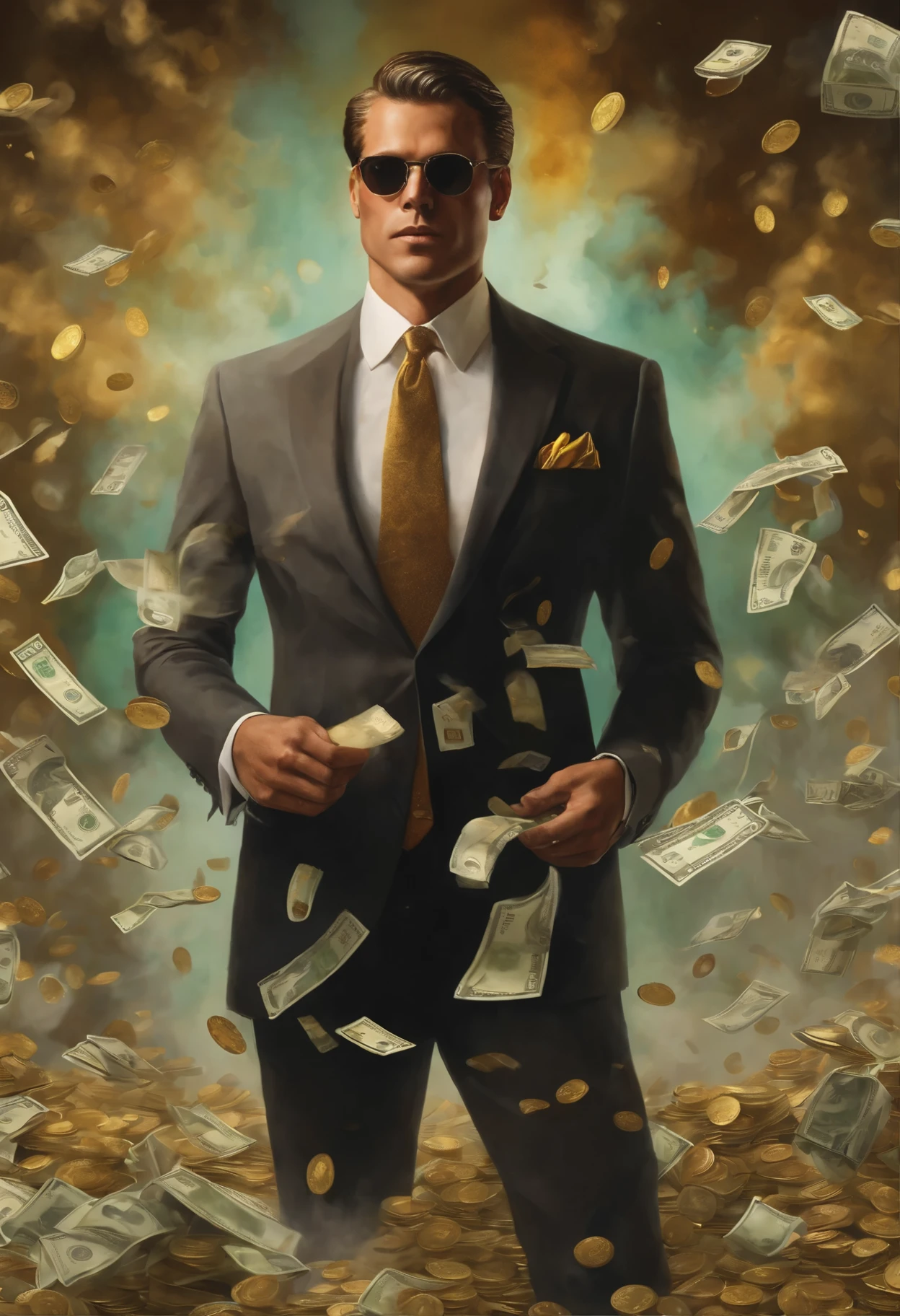 A detailed painting of a person in a suit, surrounded by a flurry of dollar bills and gold bar, gold coins, white smoke flying in front (((a lot of smokes)))