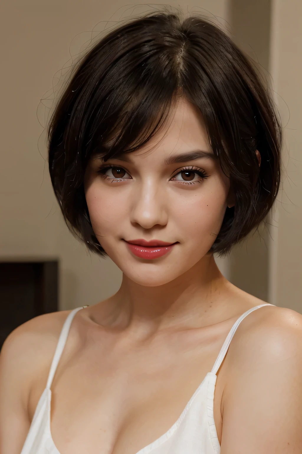 a white woman with short black hair, brown eyes, a beautiful face with slightly pink cheeks and a sweet look, with red lips, looking at the camera, wearing a white dress, and a small smile