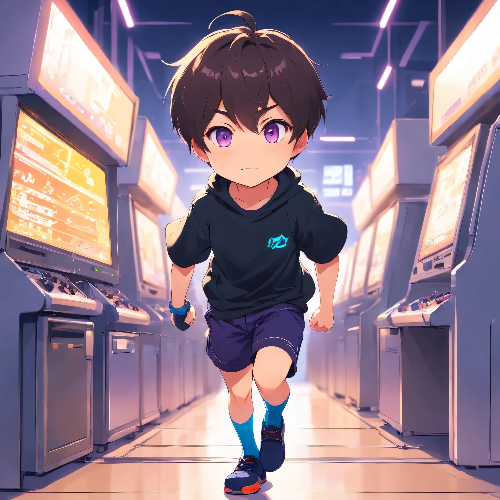 boy, twinks、Very short、1 persons,short-haired, solo, (twitch emote:1), Chibi, Black eyes, comic strip, man、white backgrounid, a sticker, Thick black outline,、short-haired、、full body Esbian、Blue shorts、short-haired、Cool、Mini、Blue shorts、a black T-shirt、Purple Socks、Chibi Chara.Have a game、short-haired、Male 、with light glowing、gamer
