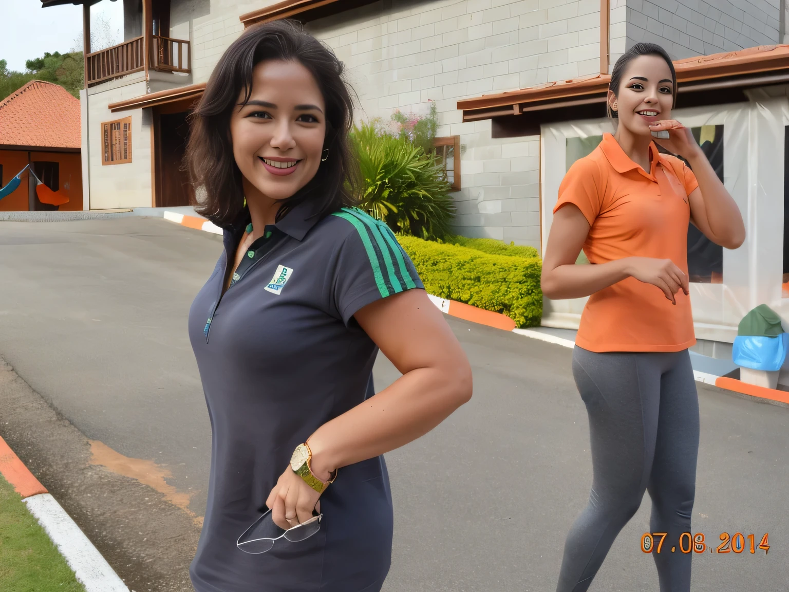 smiling woman in a gray and orange shirt in front of a building, beautiful surroundings, fit, adriana dxim. She is 155 cm tall and around 40 years old. A woman with tanned white skin and dark hair. She is around 40 years old. She has slightly full lips and dark brown eyes. Perfect body, slim body, slim waist. tanned skin, soft lips, red lipstick, a feeling of lightness and joy, hyperrealism, very elaborate skin. Fitness woman, fit woman, gym woman, woman in good physical shape, full body photo, clear photo, high quality, high resolution, masterpiece, 8K.