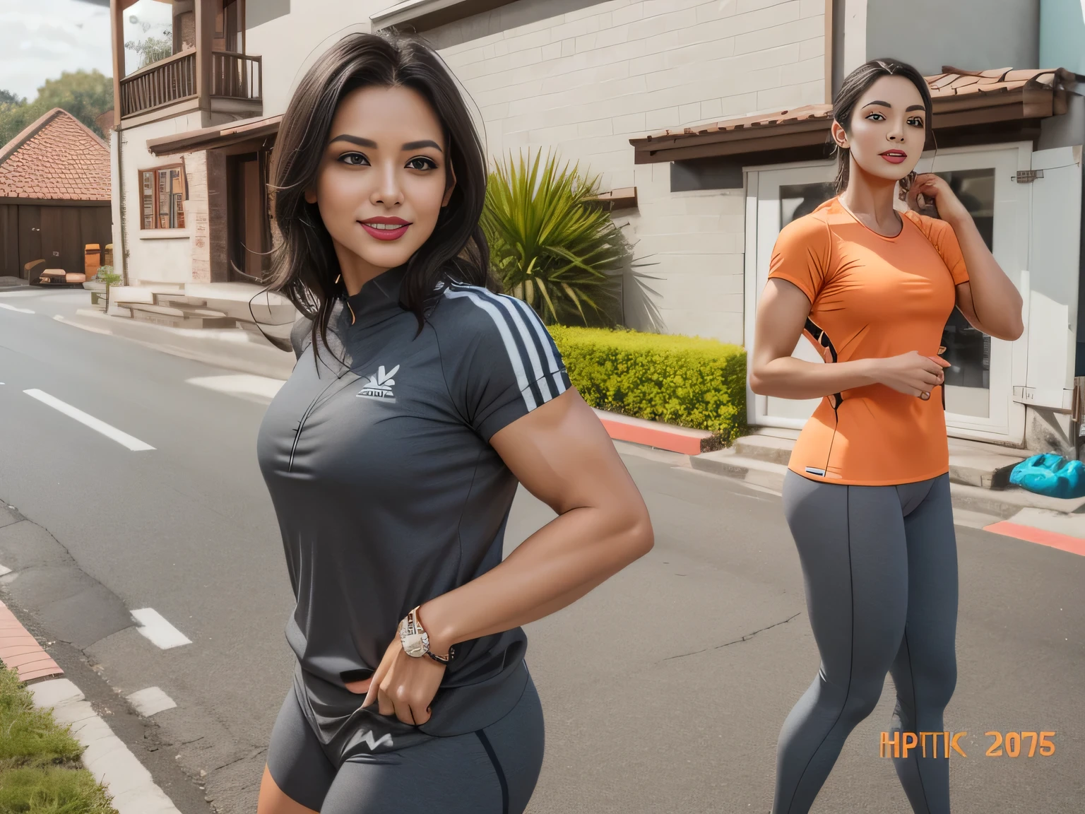 smiling woman in a gray and orange shirt in front of a building, beautiful surroundings, fit, adriana dxim. She is 155 cm tall and around 40 years old. A woman with tanned white skin and dark hair. She is around 40 years old. She has slightly full lips and dark brown eyes. Perfect body, slim body, slim waist. tanned skin, soft lips, red lipstick, a feeling of lightness and joy, hyperrealism, very elaborate skin. Fitness woman, fit woman, gym woman, woman in good physical shape, full body photo, clear photo, high quality, high resolution, masterpiece, 8K.