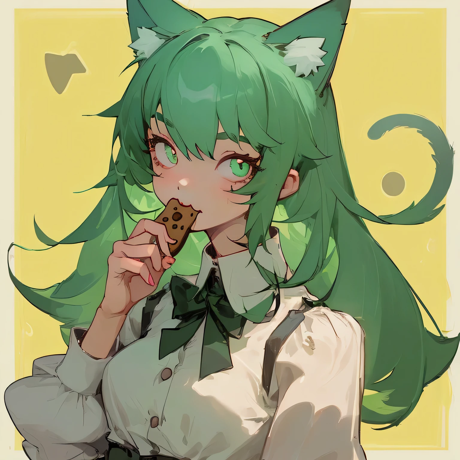 A cat-eared girl is holding a delicious cookie in her mouth. Upper body