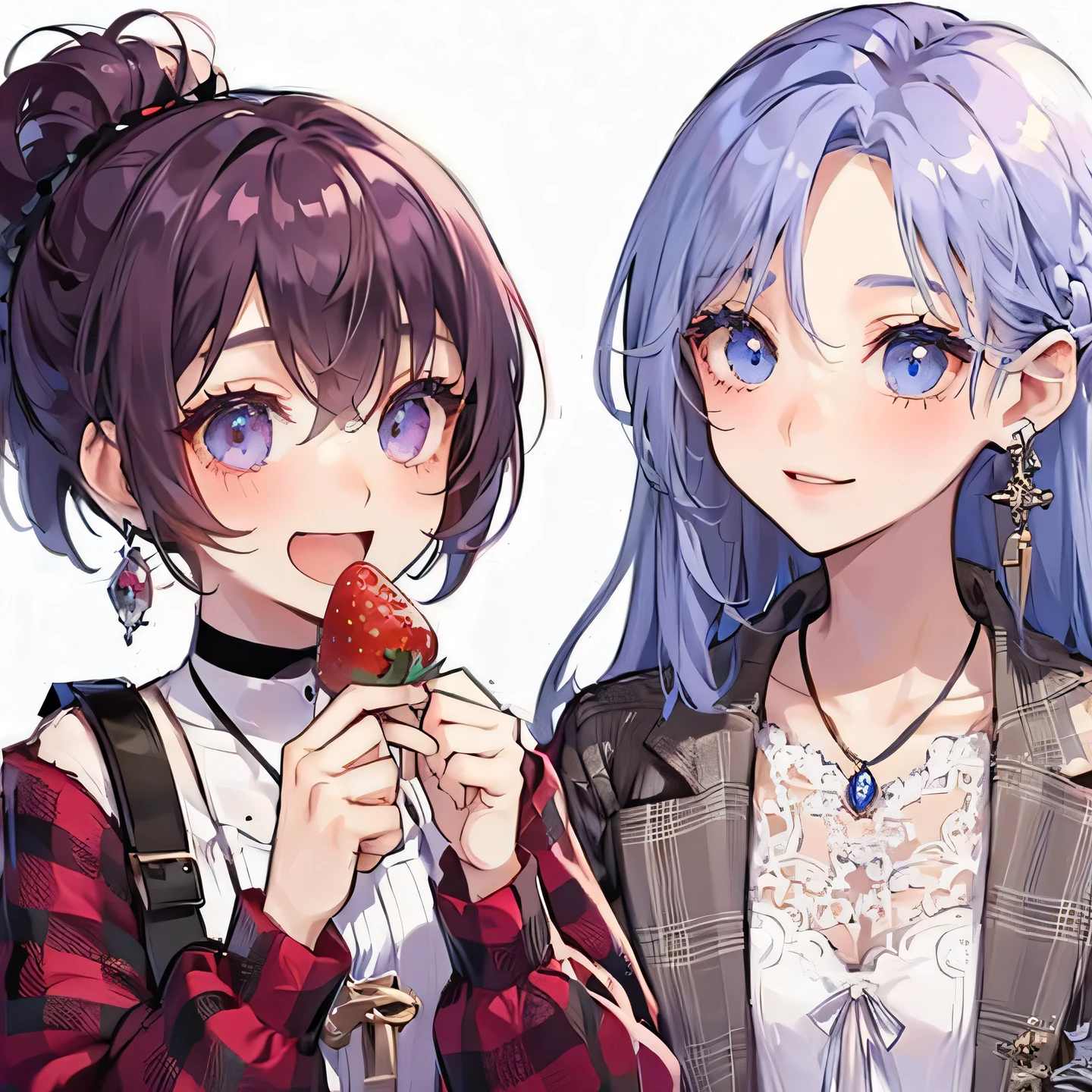 ((best quality)), ((masterpiece)), (detailed), perfect face, 2 girld, lesbian couple, one girl with long white hair and dark blue eyes and is tall and beautiful, looks fierce and bold, very tall, hot and other girl has short purple hair and purple eyes and is cute adorable and is bubbly and shorter, short height, baby face, blushing looks like innocent and shy, smiling, strawberry, staring, 4k anime art style high quality 