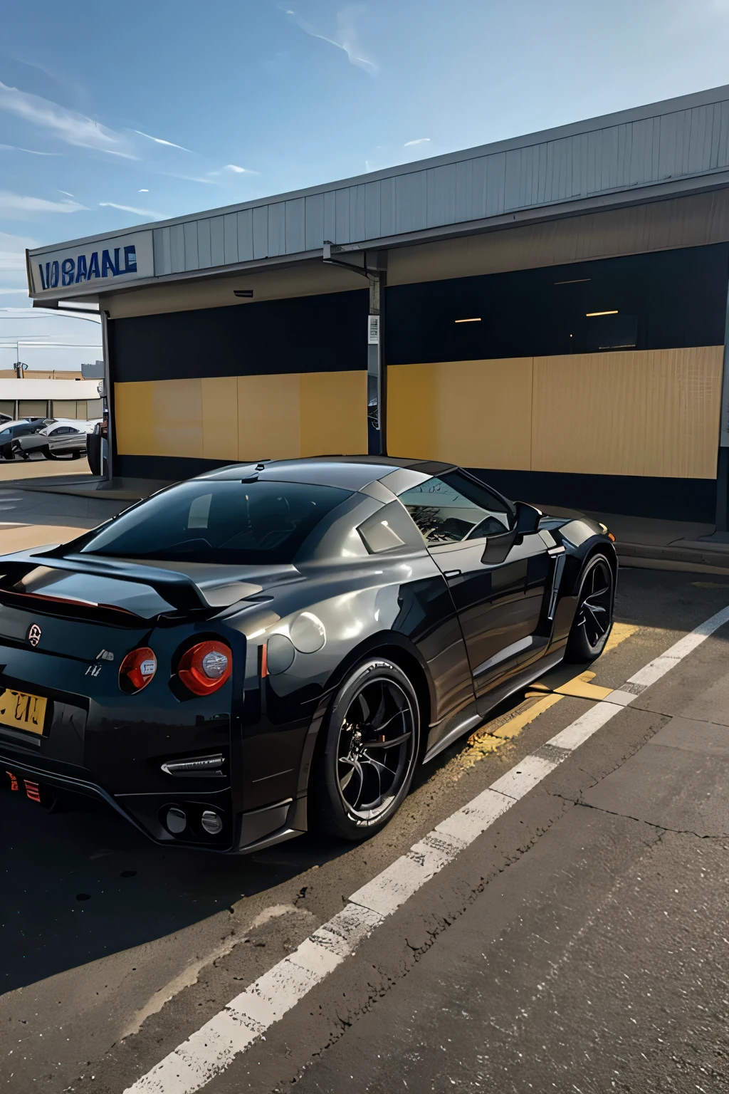 A black Nissan GT-R, with a large rear wing, and a yellow and black racing stripe down the center, is filling up with gas. The car is in a parking lot, surrounded by gas pumps. In the background, there is a convenience store. The image is taken from a low angle, and the lighting is bright and sunny. The mood of the image is calm and relaxed