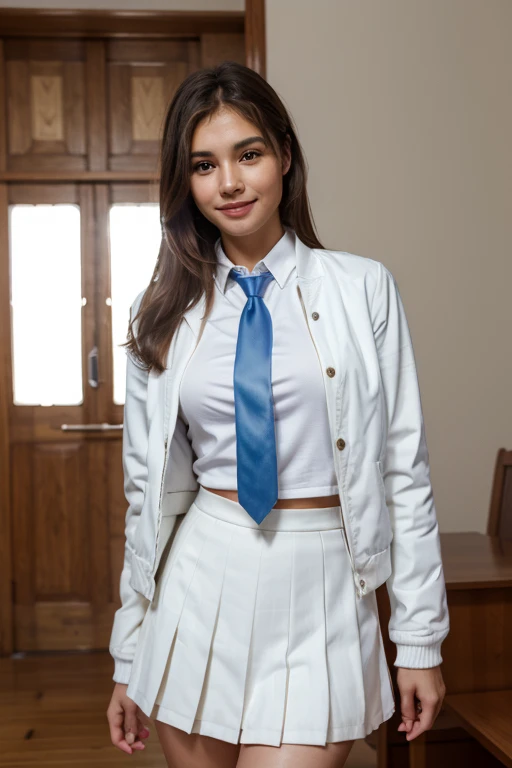 masterpiece, best quality, ultra-detailed, 1girl, aris, white jacket, white shirt, blue necktie, pleated skirt, halo, indoors, smile