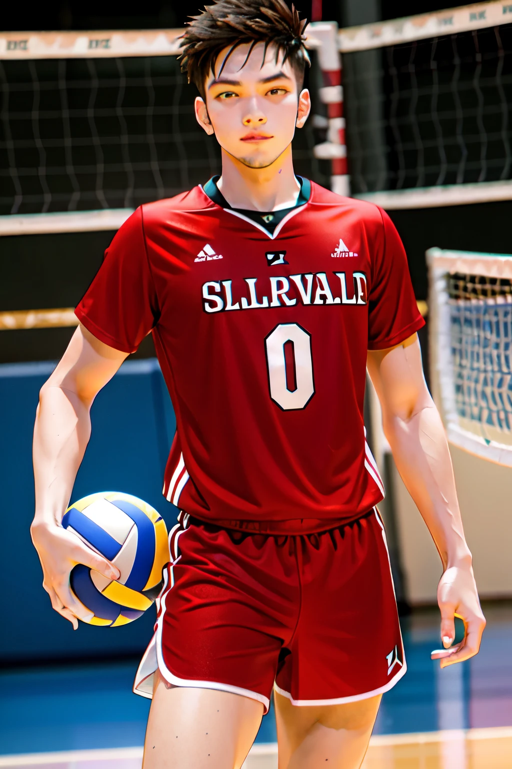 create a uniform for a men&#39;s volleyball team with the following characteristics:
A men&#39;s short-sleeved t-shirt with an aggressive geometric pattern in red and black. 

Men&#39;s shorts: Black shorts with red details, como faixas laterais ou o logo do time em vermelho.