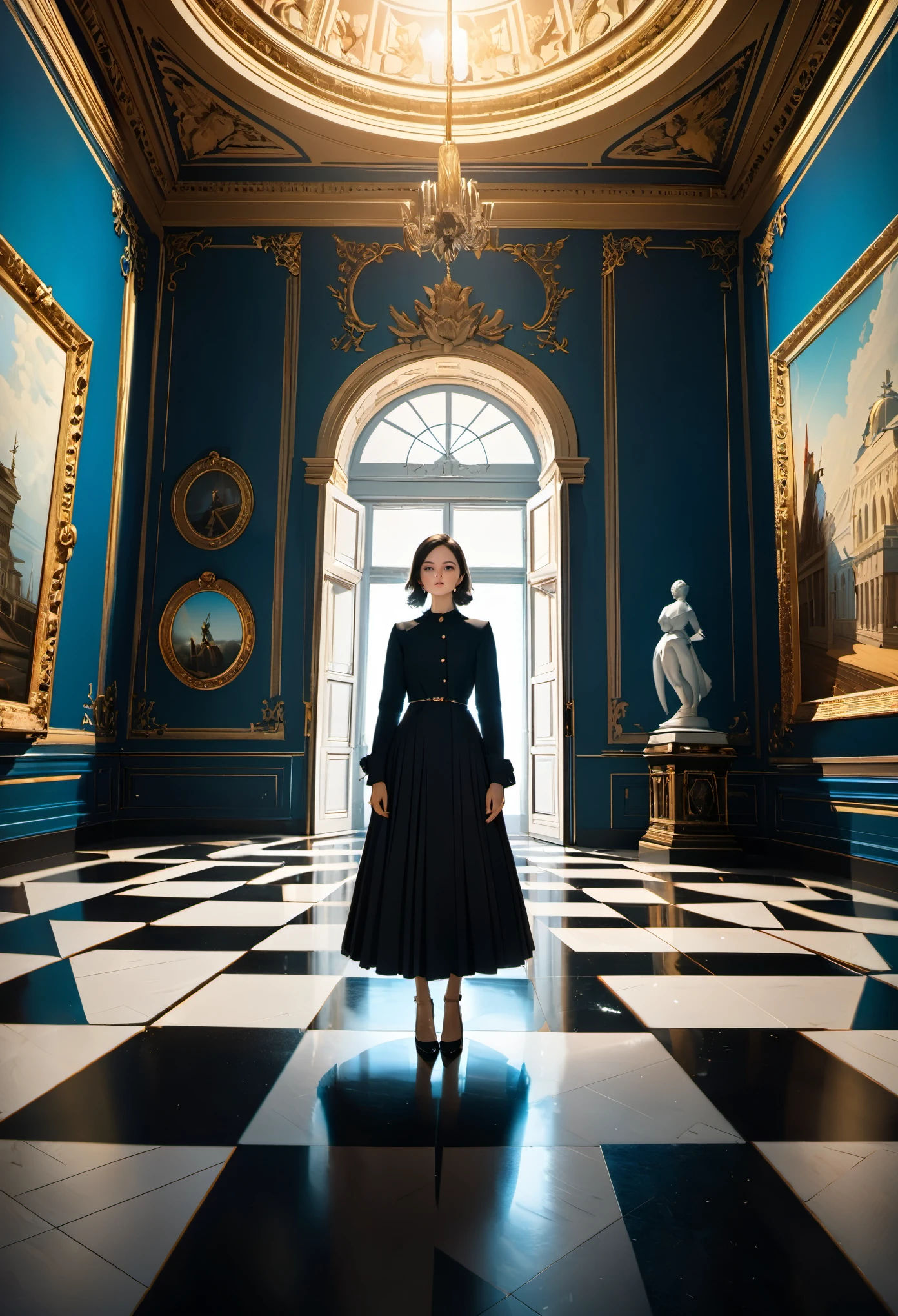 Young sophisticated woman in royal palace, Artworks of Ivan Aivazovsky, wide angle lens f/2.8, Super crazy high resolution complex textures, texture indentation, perfect perspective, perfect geometry, Super crazy ambient lighting, Super crazy ambient shadows, Luminism, Super detailed busy background, mosaic, Minimalism, perfectionism, IPA award-winning masterpiece,
