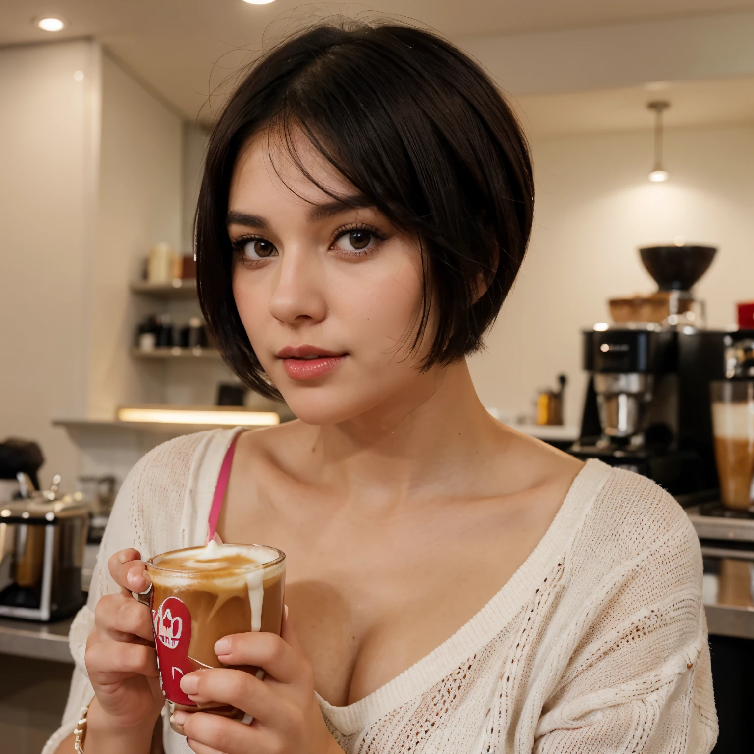 a white woman with short black hair, brown eyes, a beautiful face with slightly pink cheeks and a sweet look, with red lips, looking at the camera, drinking a coffee