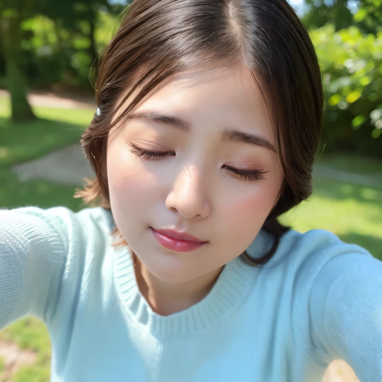 (highest quality、table top、8K、best image quality、Award-winning work)、one beautiful woman、(eyes completely closed:1.1)、(closed lips:1.1)、(bring your face closer:1.1)、(please bring your lips close to me:1.1)、(close up of face:1.3)、(Selfie with arms outstretched:1.5)、(perfect knit sweater:1.1)、(完璧に整備された美しい公園のblurred background:1.1)、summer landscape、The most natural and perfect park background、very bright and refreshing、very bright and vivid、(Beautiful skin that shines brightly:1.2)、beautiful shining leaves、beautiful sunlight filtering through the foliage、(blurred background:1.1)、epic movie lighting、beautiful shiny lipstick、perfect makeup、Ultra high definition beauty face、ultra high definition hair、(Super high definition and beautiful closed eyelids:1.1)、(Ultra high resolution bright and glowing skin:1.2)、(Super high resolution glossy lips:1.1)、(face facing forward:1.2)、(body facing forward:1.2)、(lowered eyebrows:1.1)、(troubled face:1.1)