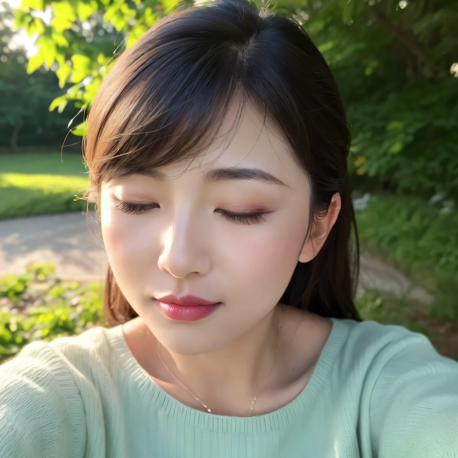 (highest quality、table top、8K、best image quality、Award-winning work)、one beautiful woman、(eyes completely closed:1.1)、(closed lips:1.1)、(bring your face closer:1.1)、(please bring your lips close to me:1.1)、(close up of face:1.3)、(Selfie with arms outstretched:1.5)、(perfect knit sweater:1.1)、(完璧に整備された美しい公園のblurred background:1.1)、summer landscape、The most natural and perfect park background、very bright and refreshing、very bright and vivid、Beautiful skin that shines brightly、beautiful shining leaves、beautiful sunlight filtering through the foliage、(blurred background:1.1)、epic movie lighting、beautiful shiny lipstick、perfect makeup、Ultra high definition beauty face、ultra high definition hair、(Super high definition and beautiful closed eyelids:1.1)、(Ultra high resolution bright and glowing skin:1.2)、(Super high resolution glossy lips:1.1)、(face facing forward:1.2)、(body facing forward:1.2)、(lowered eyebrows:1.1)、(troubled face:1.1)