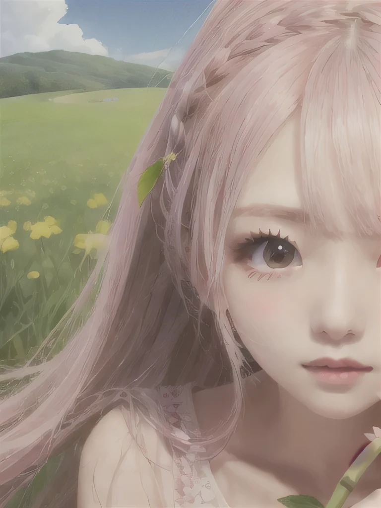 1 girl, alone, barefoot, flower, long hair, null, dress, flower petals, outdoor, holding, holding flower, cloud, pink hair, Wind, field、Small breasts、close up of face、16K、She is the flower spirit、flower decoration、Clothes that show your collarbones、Braid、flower headband、ponytail、