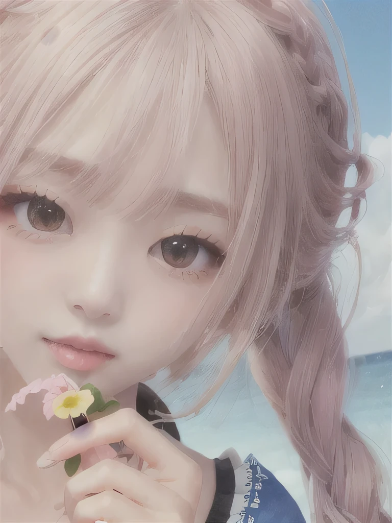 1 girl, alone, barefoot, flower, long hair, null, dress, flower petals, outdoor, holding, holding flower, cloud, pink hair, Wind, field、Small breasts、close up of face、16K、She is the flower spirit、flower decoration、Clothes that show your collarbones、Braid、flower headband、ponytail、