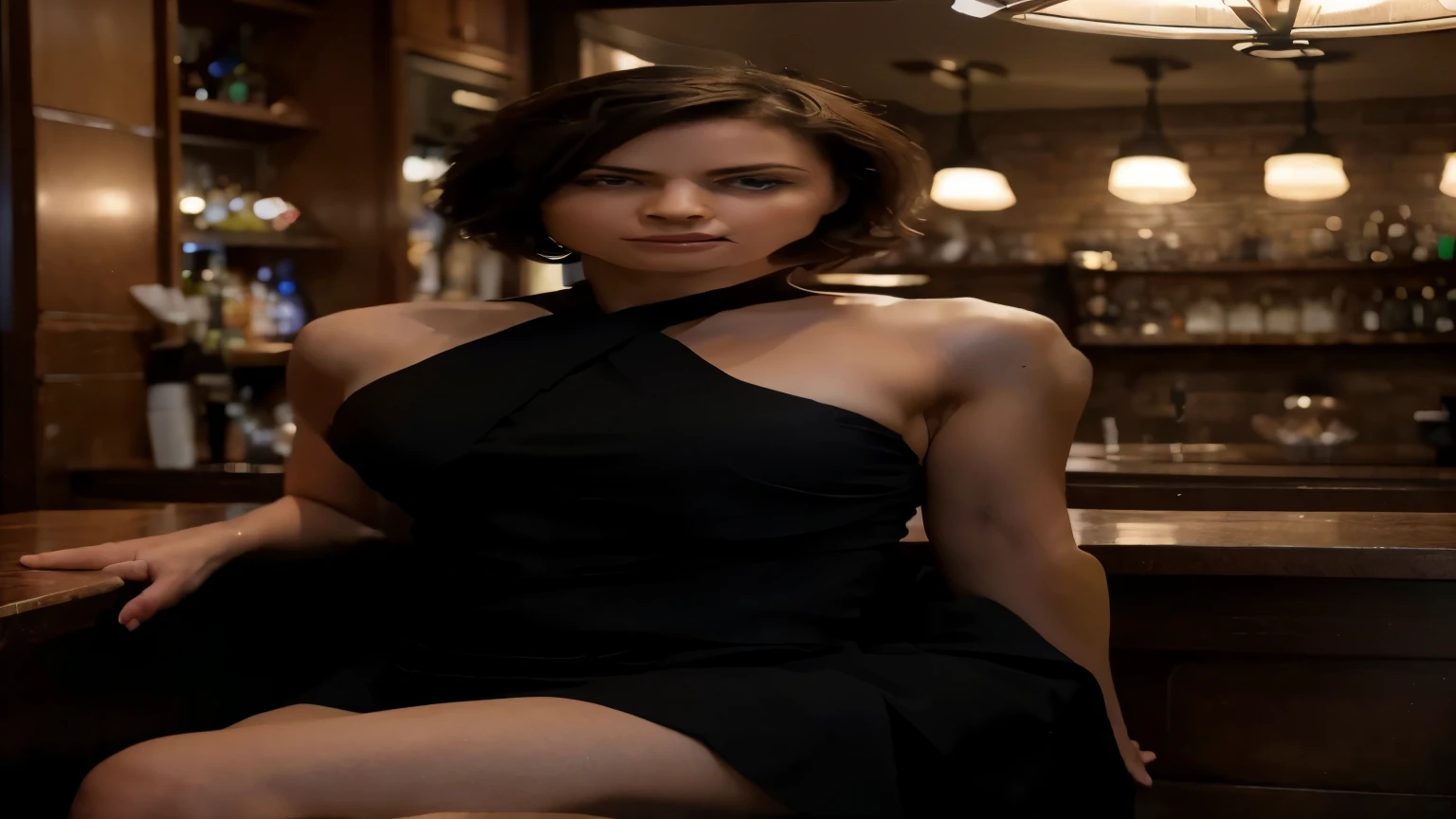 Create an image of a woman looking at the camera, in her 30s, short hair, blue eyes, sitting on a stool at the counter of a cozy bar, with medium intensity lighting, wearing a black formal dress, leaning against the counter, with the image of a pianist on the side, realistic and cinematic image., (large depth of field effect), (focus on subject), emphasis on foreground elements, sharp focus, soft background