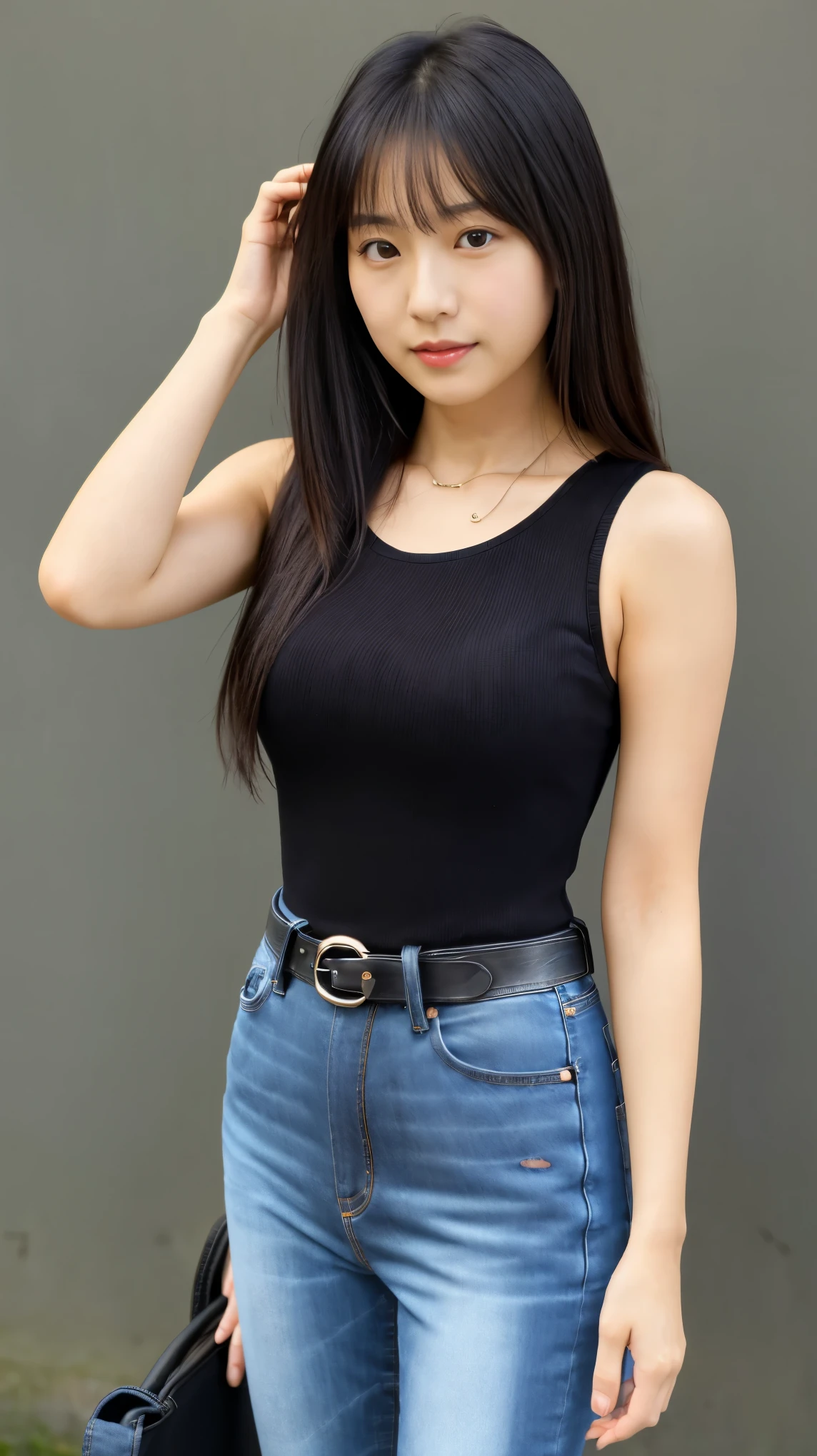 japanese woman,20th generation,,,front,looking at the viewer,whole body, (8K,Raw photo,highest quality,masterpiece,realistic,Photoreal:1.2), ((black t-shirt,skinny jeans,leather belt)),