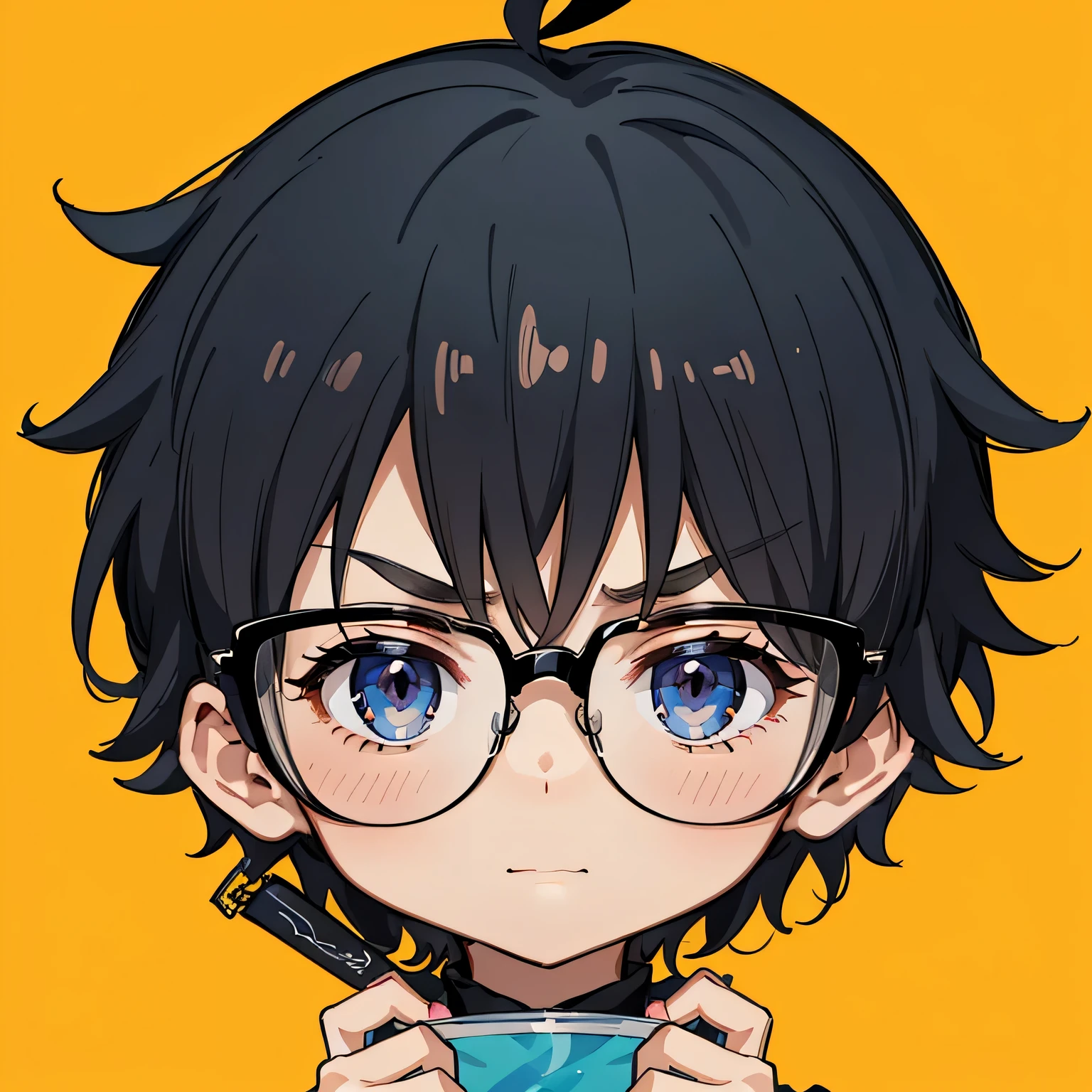 animated boy, lunettes, cheveux noirs, Visage cool engry face