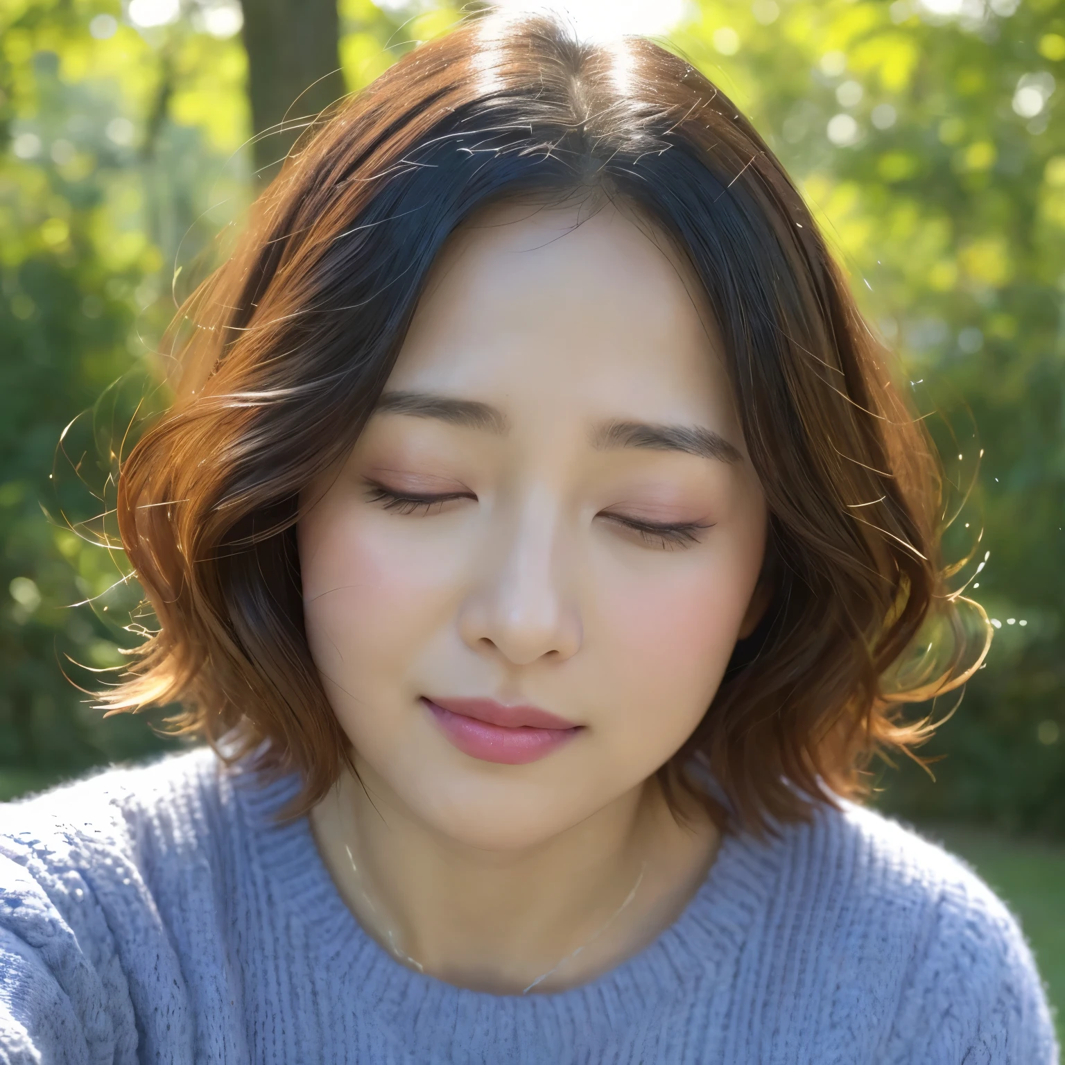 (highest quality、table top、8K、best image quality、Award-winning work)、(1 mature woman:1.1)、(45 years old:1.1)、(eyes completely closed:1.1)、(closed lips:1.1)、(bring your face closer:1.1)、(please bring your lips close to me:1.1)、(close up of face:1.3)、(Selfie with arms outstretched:1.5)、(perfect knit sweater:1.1)、(Elegant berry long wavy hair:1.1)、(完璧に整備された美しい公園のblurred background:1.1)、summer landscape、(上品に立っている女性のclose up of face:1.1)、The most natural and perfect park background、very bright and refreshing、(very bright and vivid:1.2)、(Beautiful skin that shines brightly:1.3)、beautiful shining leaves、beautiful sunlight filtering through the foliage、(blurred background:1.1)、epic movie lighting、beautiful shiny lipstick、perfect makeup、Ultra high definition beauty face、ultra high definition hair、(Super high definition and beautiful closed eyelids:1.1)、(Ultra high resolution bright and glowing skin:1.2)、(Super high resolution glossy lips:1.1)、(face facing forward:1.2)、(body facing forward:1.2)、(lowered eyebrows:1.1)、(troubled face:1.1)