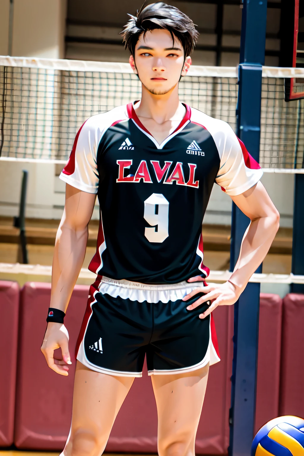 create a uniform for a men's volleyball team with the following characteristics:
A men's short-sleeved t-shirt with an aggressive geometric pattern in red and black.
Men's shorts: Black shorts with red details, como faixas laterais ou o logo do time em vermelho.