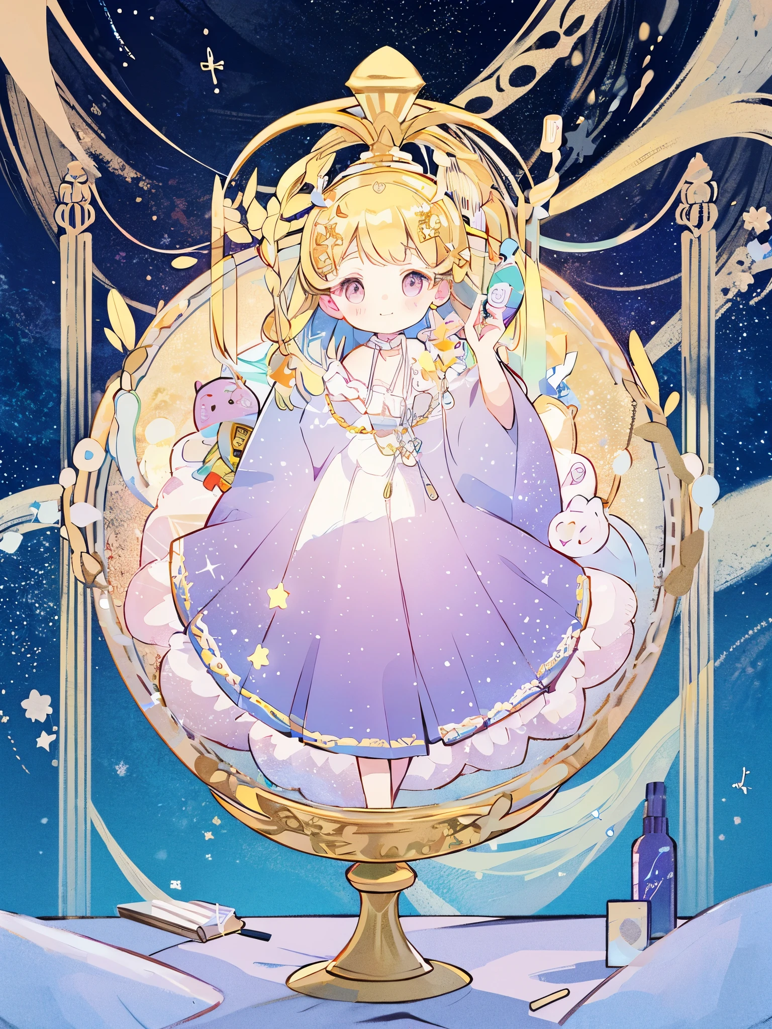 Best quality, masterpiece, ultra high res, clean facial features, flat desigen, wide shot, face to viewer,
  complex background, wishing star background, woman inside of the bottle wearing a ethereal mystical pink traslucent dress that reflects the stars , perfume promo art, mystic,complex drawing, highly detailed, Covergirl brand, promo art,a woman inside of a perfume bottle. artistic rendition, ethereal, starry night, midjourney style  star, glowing in the dark
