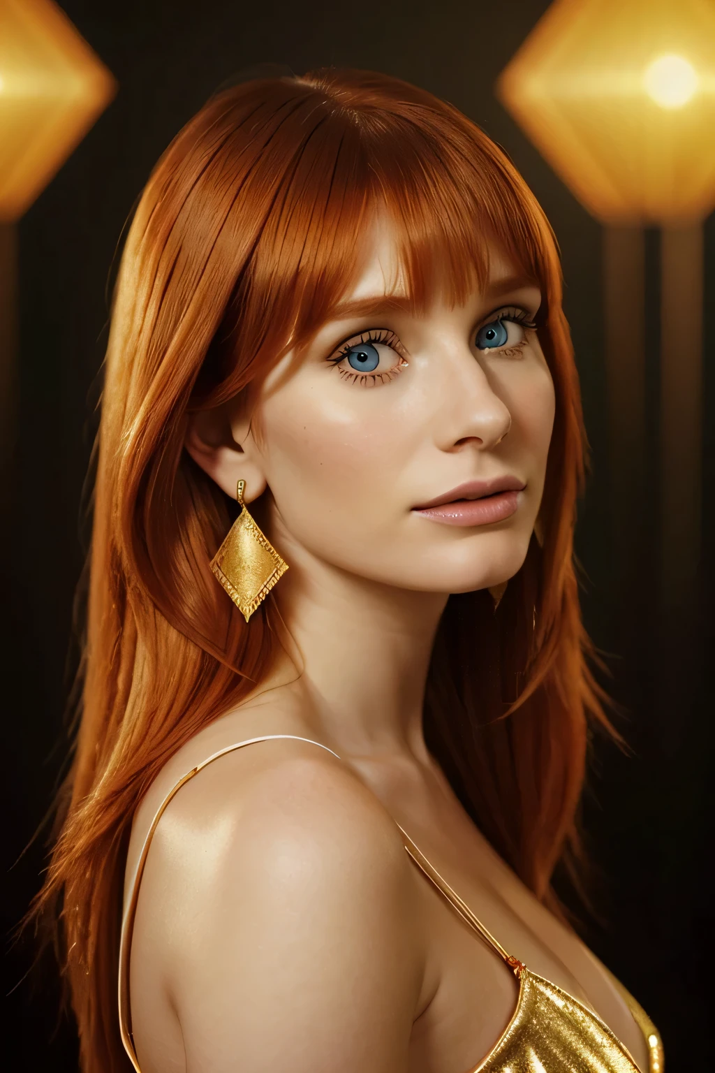 A realistic full body of a 20-year-old, bryce dallas howard, readhead woman with long orange hair and side bangs. white skin,  wearing a golden dress. medium breasts, Golden lights are in the background. photo illustration style, evenly staged images, high resolution, irreverent collage, luminescent color scheme, iconic photo, shot on Hasselblad 1xd, 50mm, photorealist, huge eyelashes, huge, bold eyes, high quality, huge earrings.
