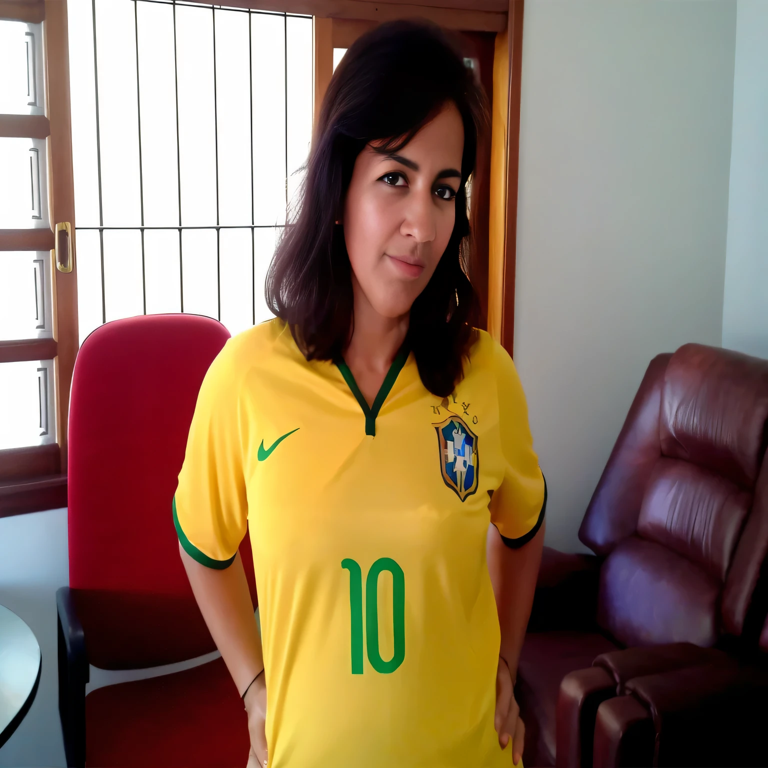 arafed woman in a yellow shirt standing in a living room, fernanda suarez, brazilian, caroline gariba, brasil, malika favre, looks like fabiula nascimento, 3 5 year brazilian mother, inspired by Maria Helena Vieira da Silva, inspired by Almada Negreiros, in sao paulo