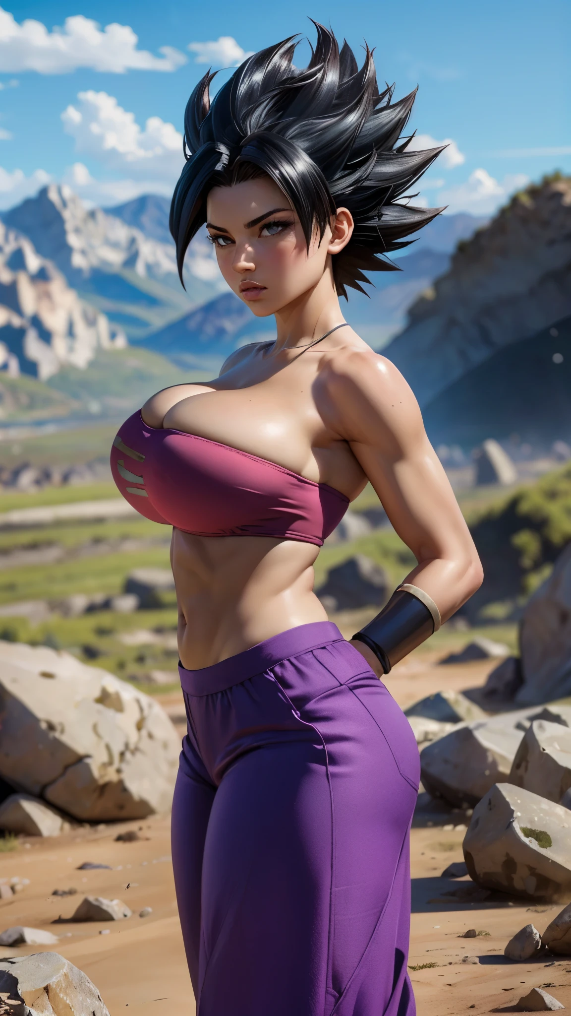 (ultra realistic,32k, masterpiece:1.2),(high detailed skin:1.1),( high quality:1.1),
defcaulifla,blush stickers, black hair, black eyes, tube top, purple pants, bracers, wasteland, destroyed landscape, mountais, fallings rocks, blurry background, (huge breast,large breast:0.9),(refraction:1.1),